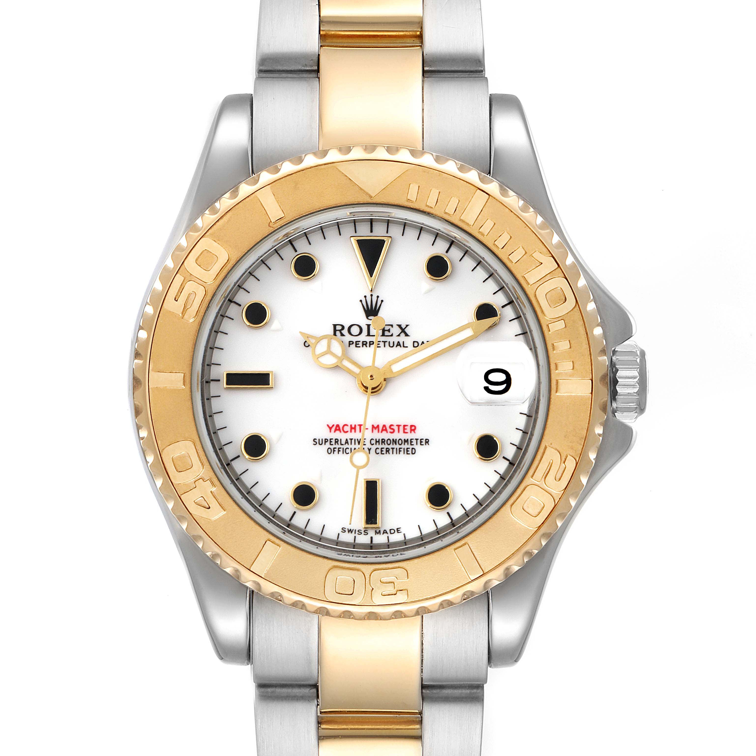 The Rolex Yacht-Master 168623 Men
s Steel and Gold (two tone) White Dial 168623 Men
s Steel and Gold (two tone) White Dial watch is shown from a top-down angle, highlighting its dial, bezel, and two-tone bracelet.