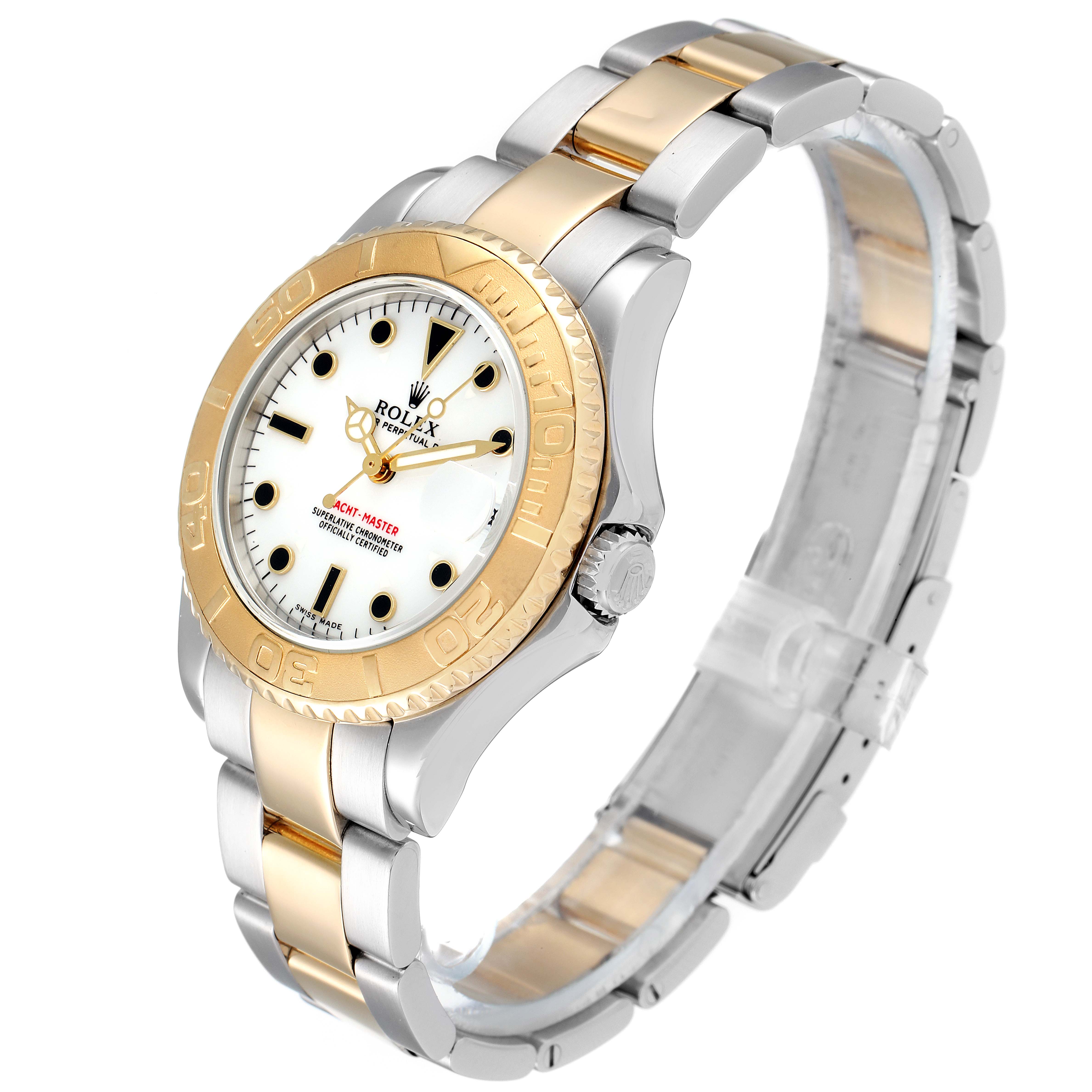 The Rolex Yacht-Master 168623 Men
s Steel and Gold (two tone) White Dial 168623 Men
s Steel and Gold (two tone) White Dial watch is displayed at a three-quarter angle, showcasing its bezel, dial, case, bracelet, and crown.