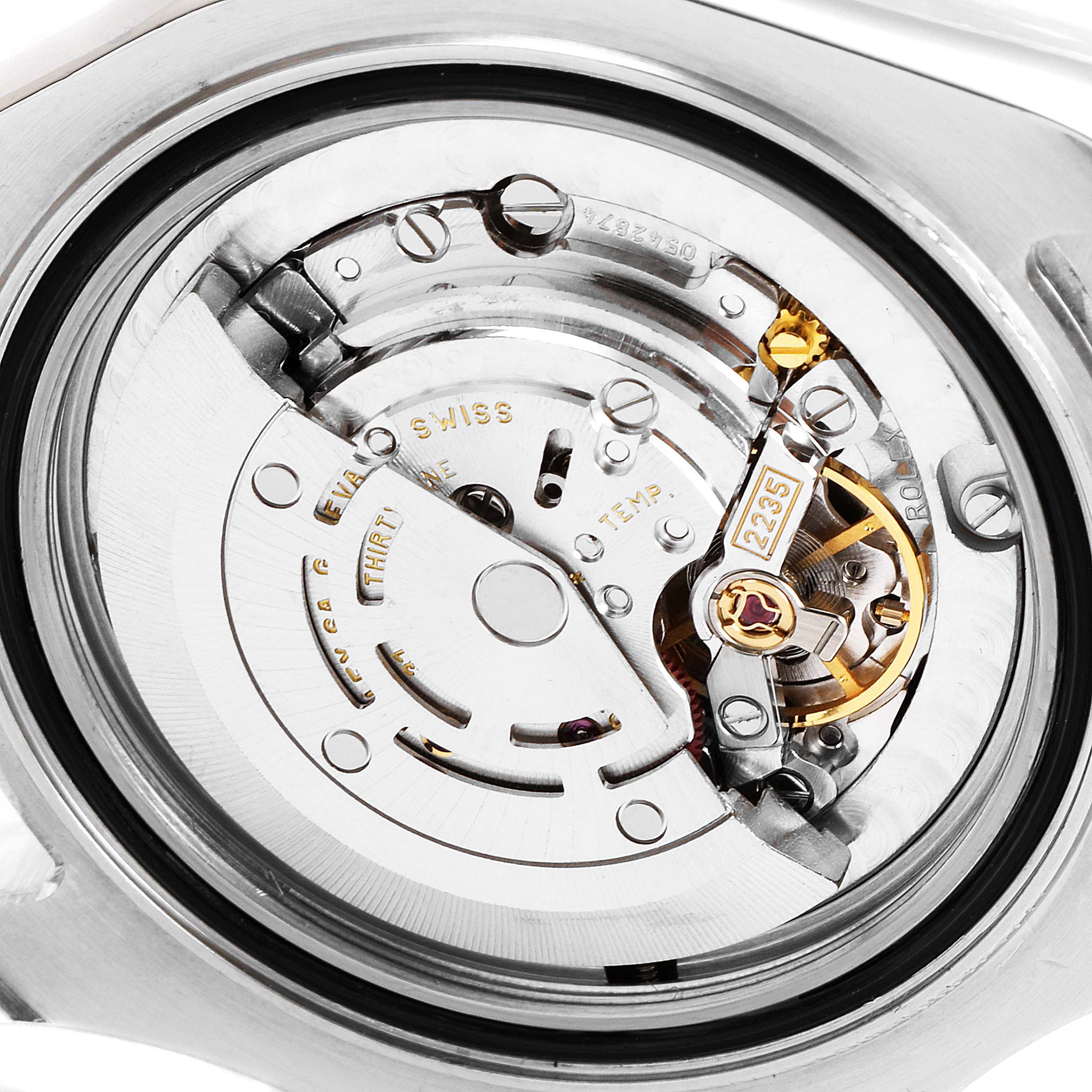 This is a close-up view of the movement mechanism of a Rolex Yacht-Master 168623 Men
s Steel and Gold (two tone) White Dial 168623 Men
s Steel and Gold (two tone) White Dial watch.