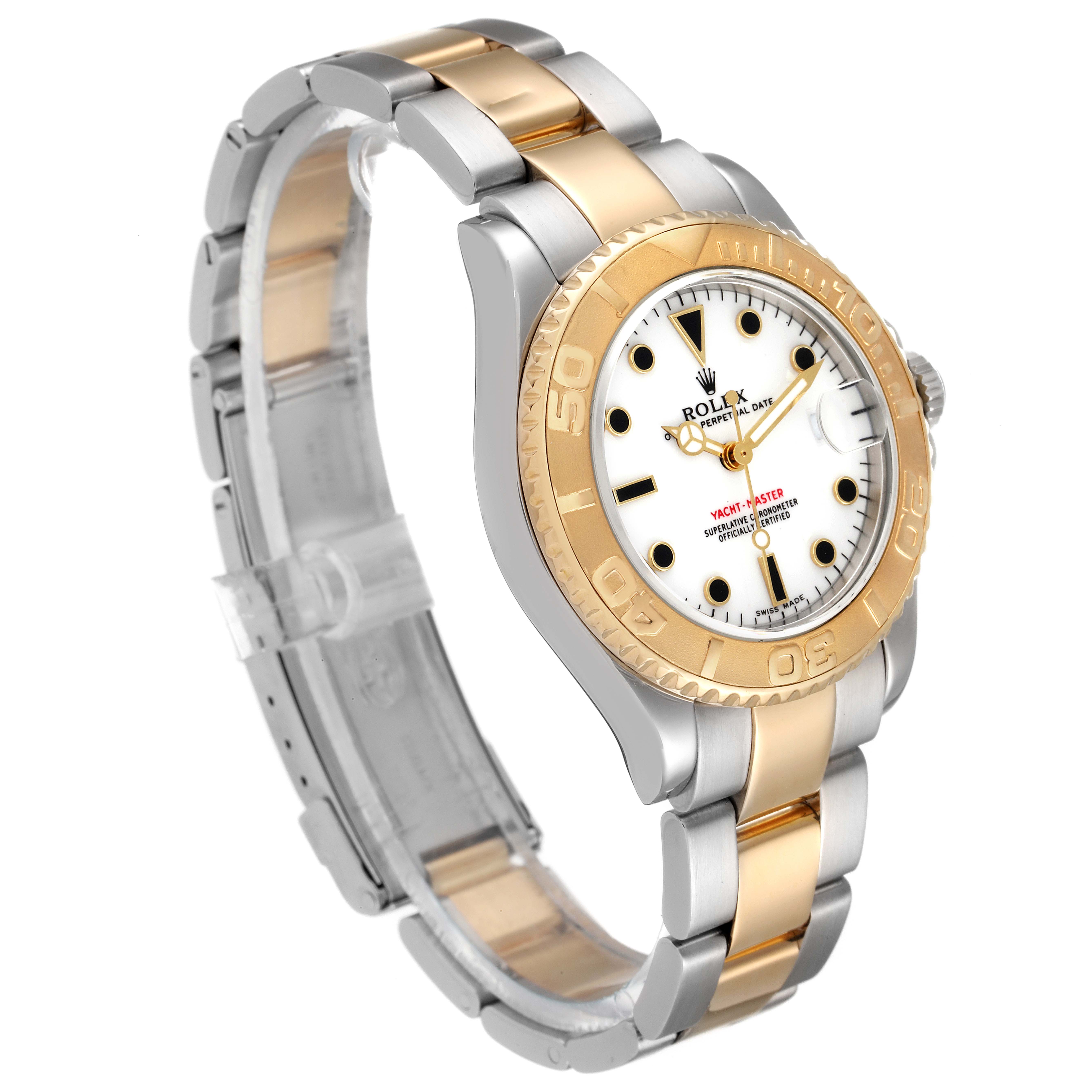 The image shows a side-angle view of a Rolex Yacht-Master 168623 Men
s Steel and Gold (two tone) White Dial 168623 Men
s Steel and Gold (two tone) White Dial watch, highlighting its gold and silver bracelet and bezel.