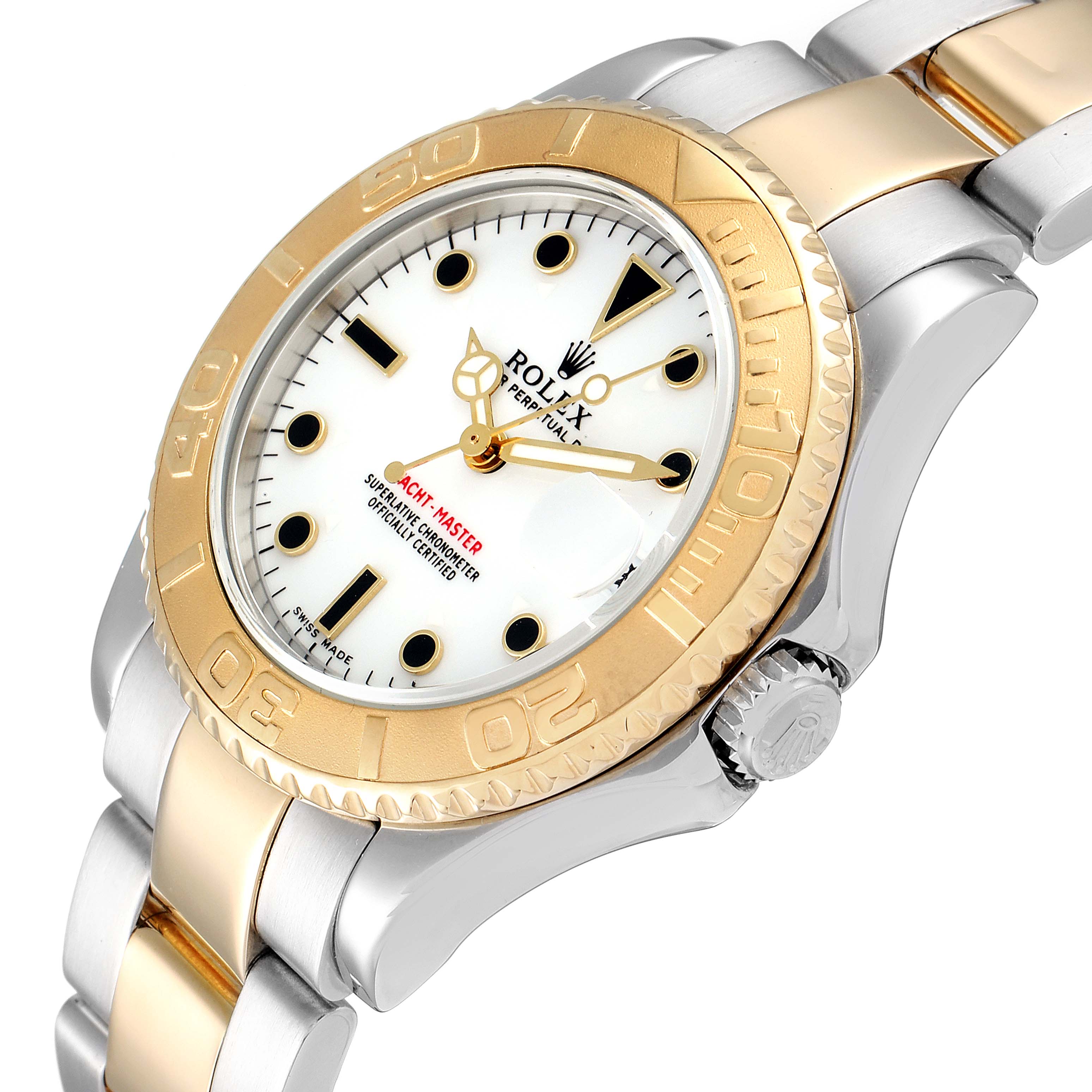 The image shows a close-up of a Rolex Yacht-Master 168623 Men
s Steel and Gold (two tone) White Dial 168623 Men
s Steel and Gold (two tone) White Dial watch from an angled side view, highlighting its dial, bezel, and bracelet.