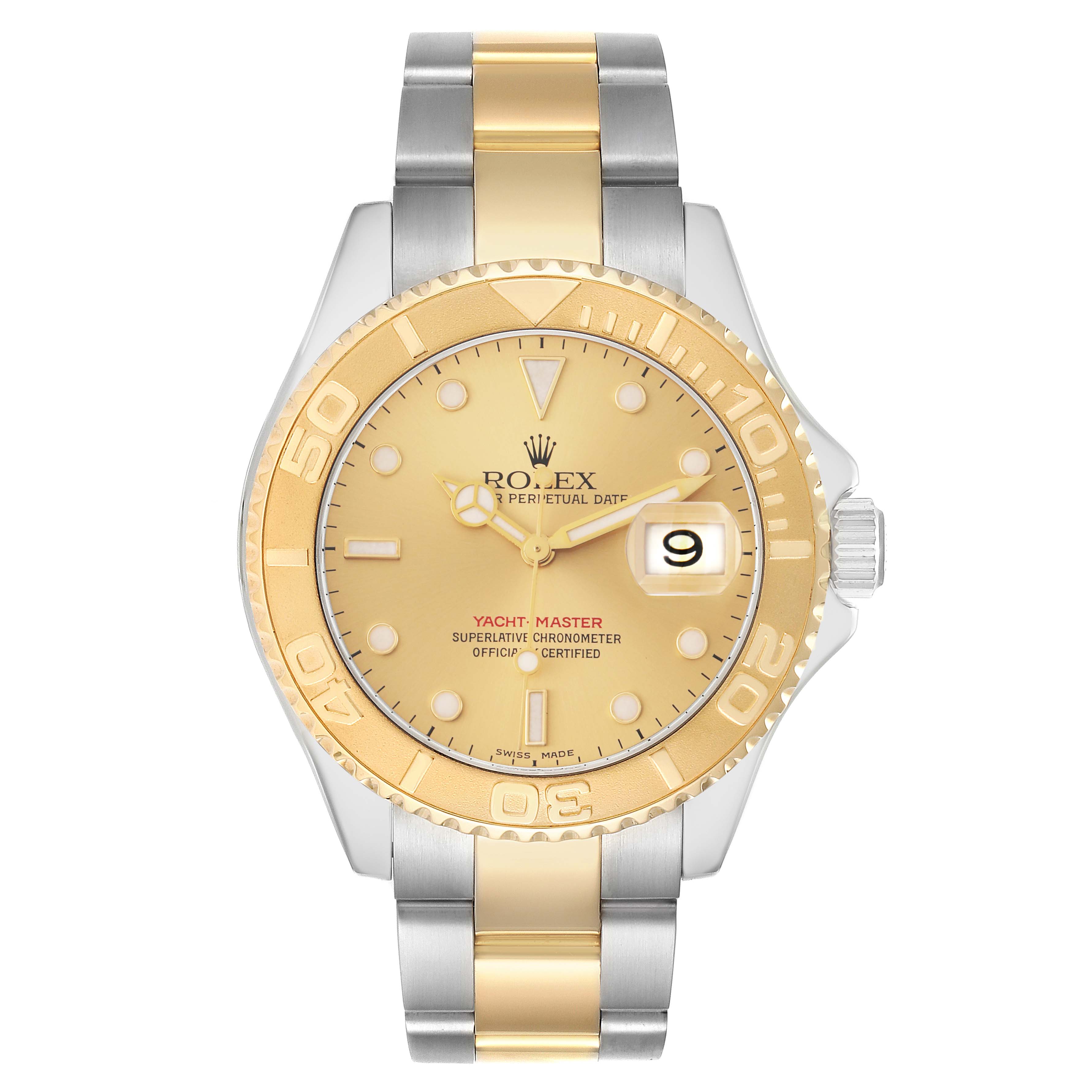 The Rolex Yacht-Master 16623 Men
s Steel and Gold (two tone) Champagne Dial watch is shown from a front angle, displaying its dial, bezel, and bracelet.