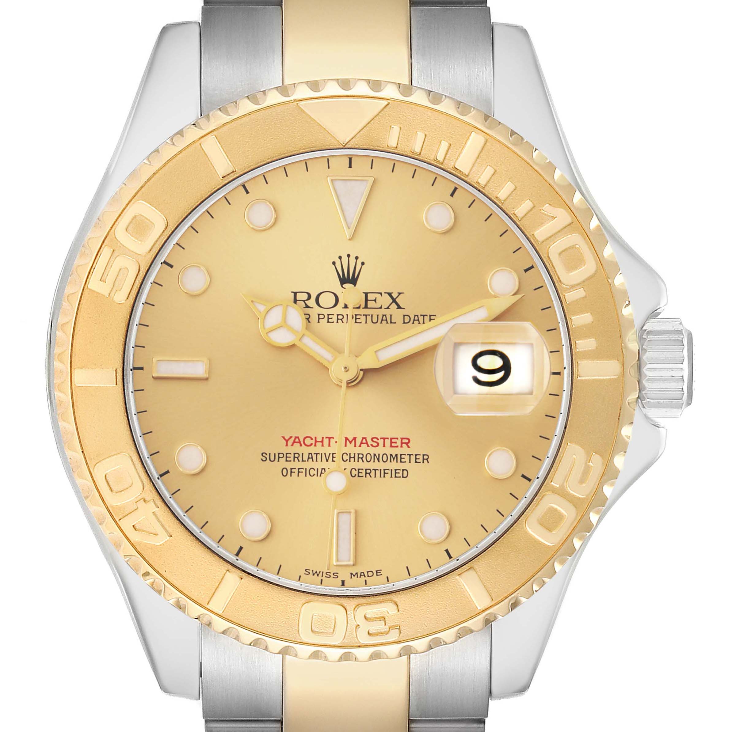 The Rolex Yacht-Master 16623 Men
s Steel and Gold (two tone) Champagne Dial watch is shown from the front, highlighting the dial, bezel, and part of the bracelet.