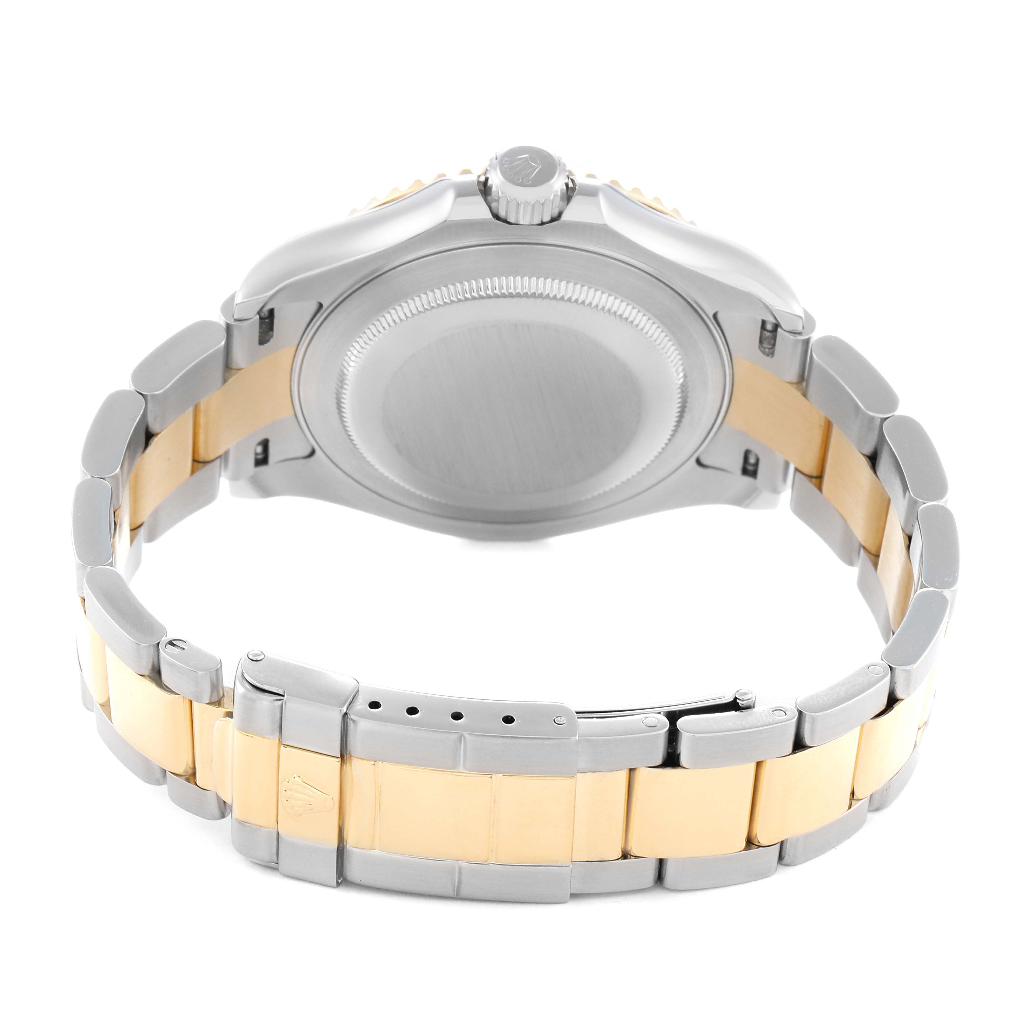 The image shows the back case and two-tone bracelet of a Rolex Yacht-Master 16623 Men
s Steel and Gold (two tone) Champagne Dial watch from a rear angle.