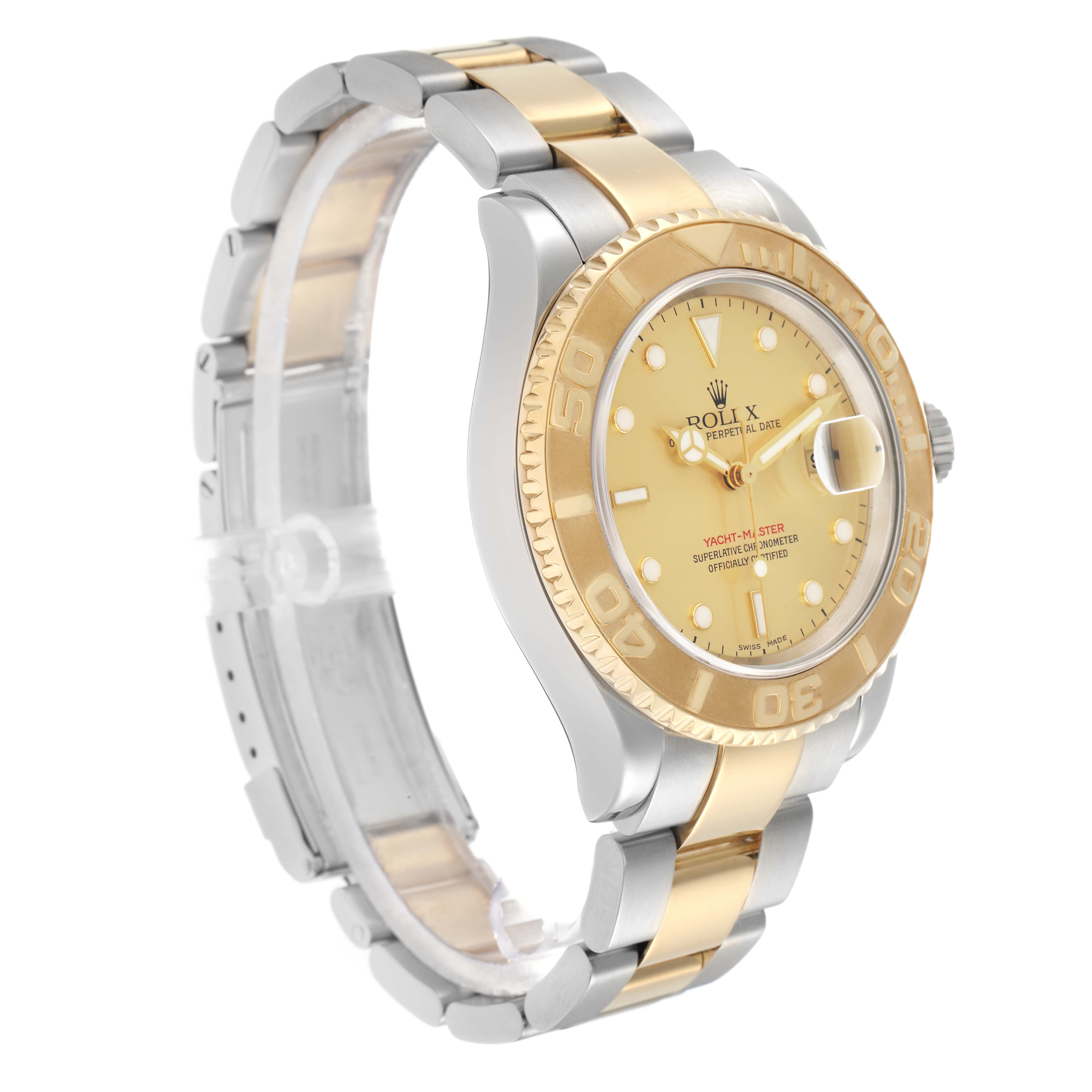 The Rolex Yacht-Master 16623 Men
s Steel and Gold (two tone) Champagne Dial watch is shown at an angled side view, highlighting the bezel, dial, and two-tone bracelet.