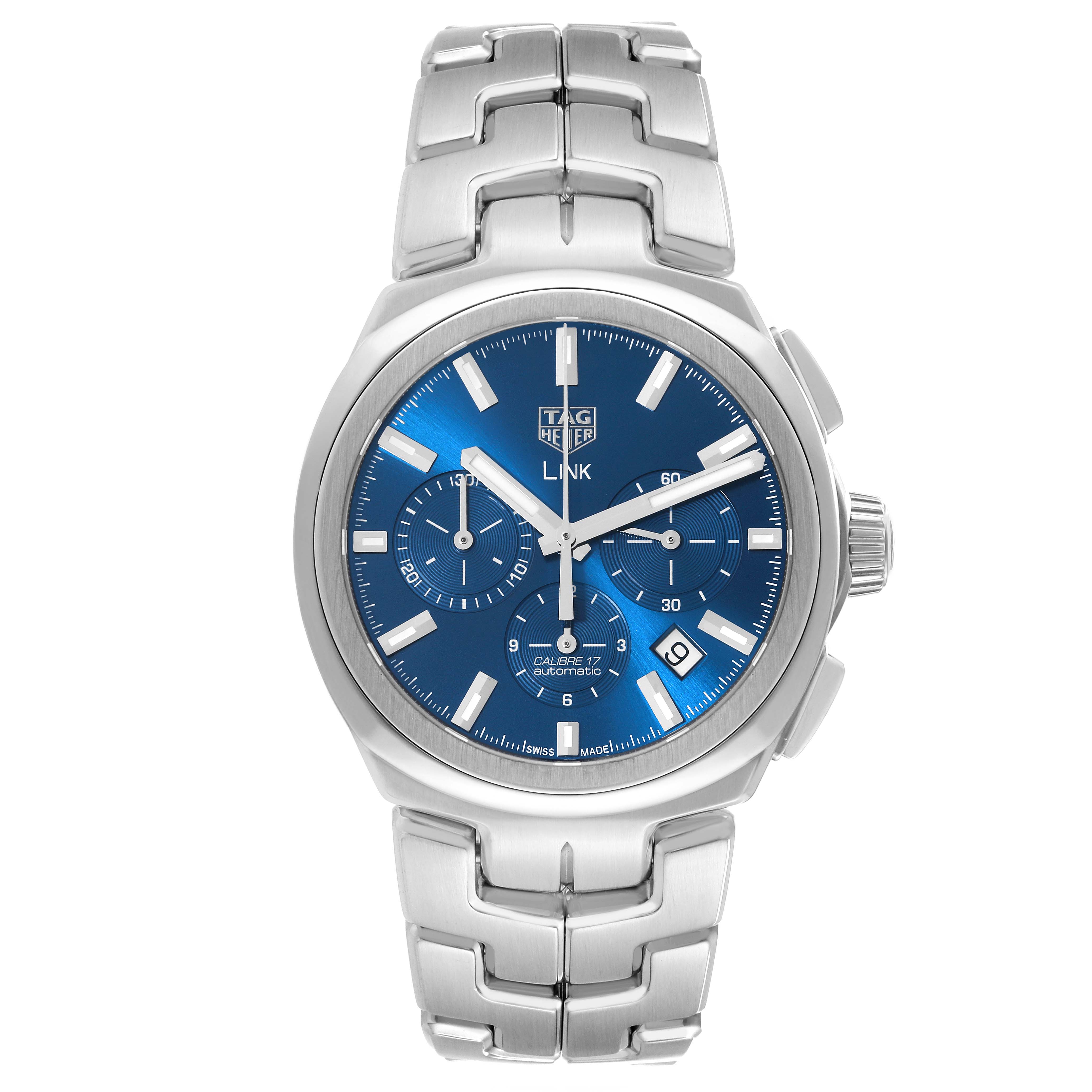 This image shows a full frontal view of the Tag Heuer Link CBC2112.BA0603 Men's Stainless Steel Blue Dial CBC2112.BA0603 Men's Stainless Steel Blue Dial model watch with a blue dial and stainless steel bracelet.