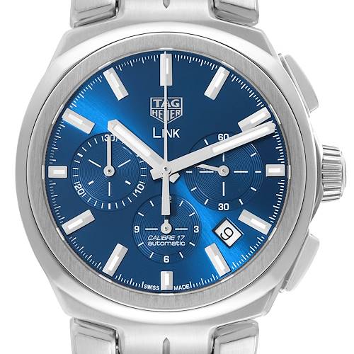 The image shows a front view of the Tag Heuer Link model watch, highlighting its blue dial, subdials, and stainless steel case and bracelet.