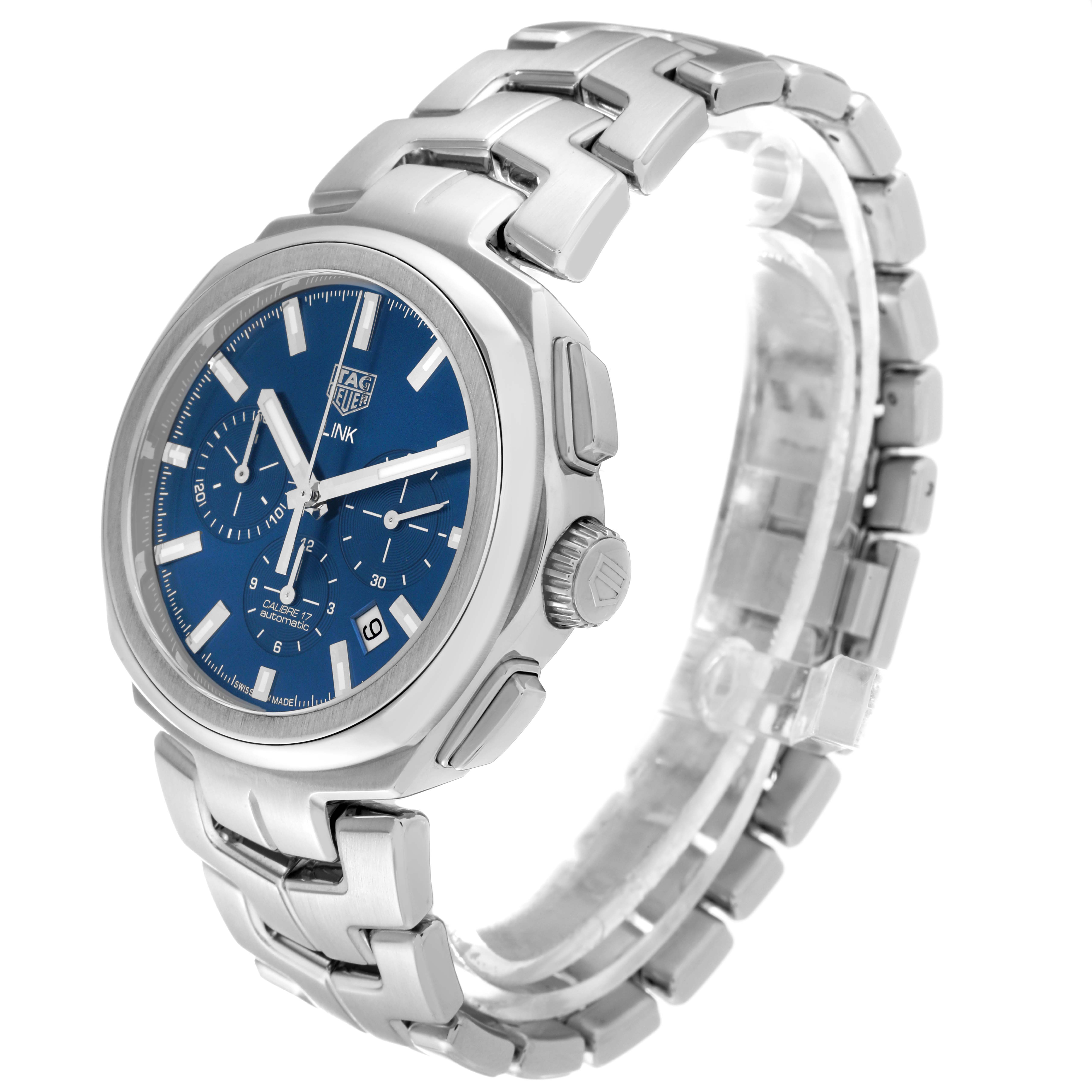 The image shows a side-angle view of the Tag Heuer Link CBC2112.BA0603 Men's Stainless Steel Blue Dial CBC2112.BA0603 Men's Stainless Steel Blue Dial model watch, highlighting its blue dial, metal bracelet, and pushers.