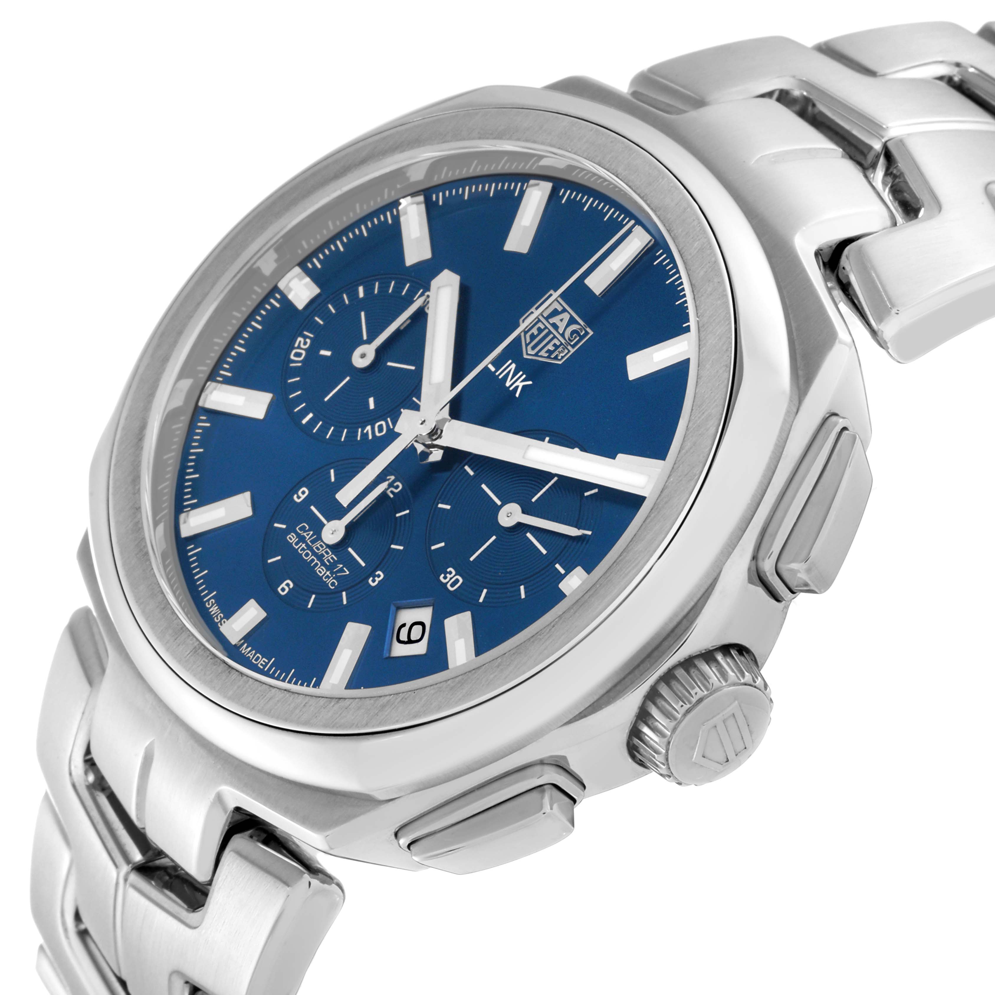 The image shows a side angle view of the Tag Heuer Link CBC2112.BA0603 Men's Stainless Steel Blue Dial CBC2112.BA0603 Men's Stainless Steel Blue Dial watch, highlighting its blue dial, subdials, stainless steel case, and bracelet.
