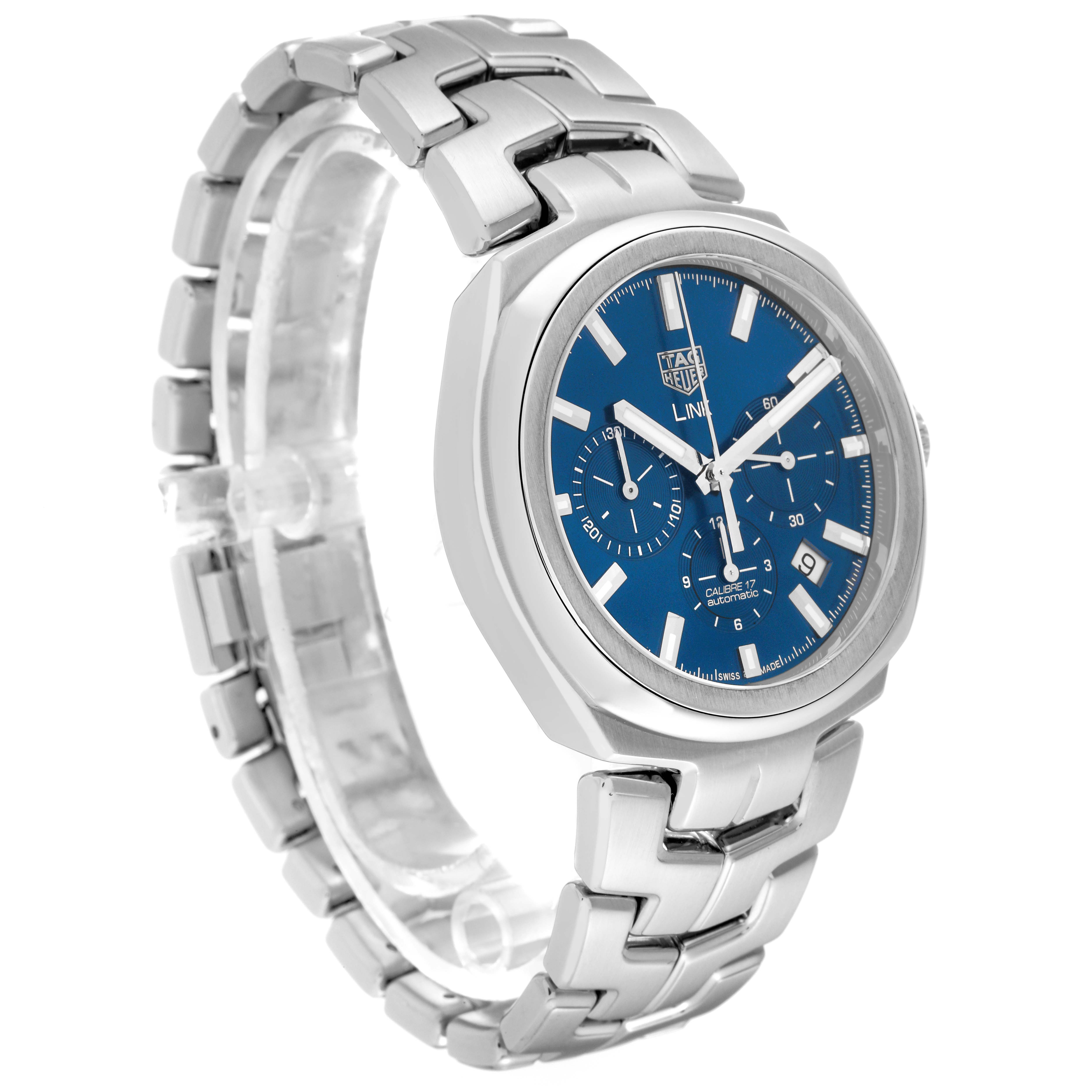 This image shows a side and front-quarter angle of the Tag Heuer Link CBC2112.BA0603 Men's Stainless Steel Blue Dial CBC2112.BA0603 Men's Stainless Steel Blue Dial watch, highlighting its bracelet, dial, and case.