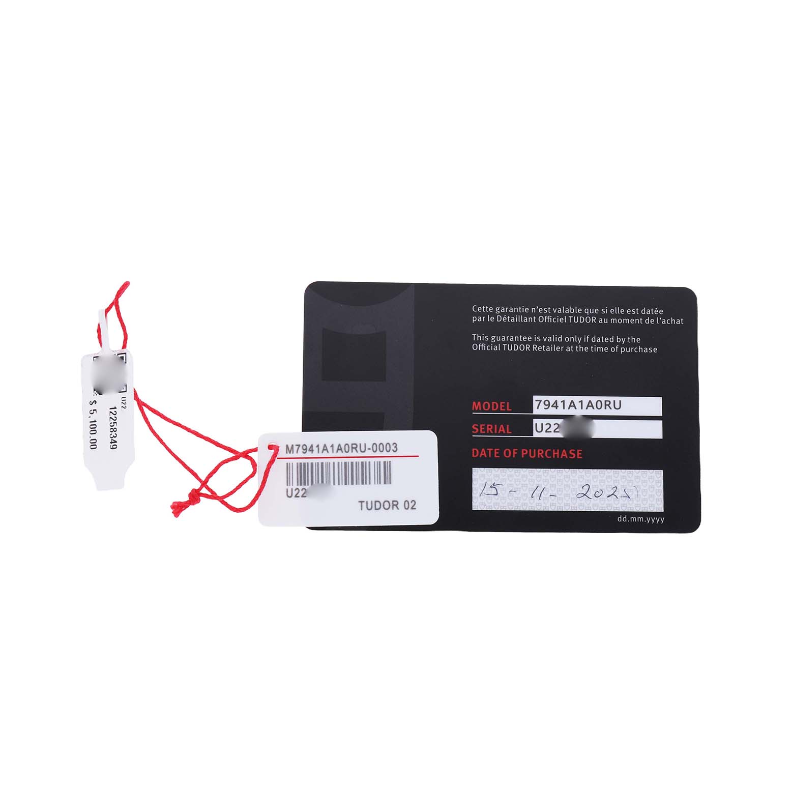 The image shows a warranty card and tag for a Tudor Heritage Black Bay 7941A1A0 Men's Stainless Steel Black Dial watch, displaying model and serial information.