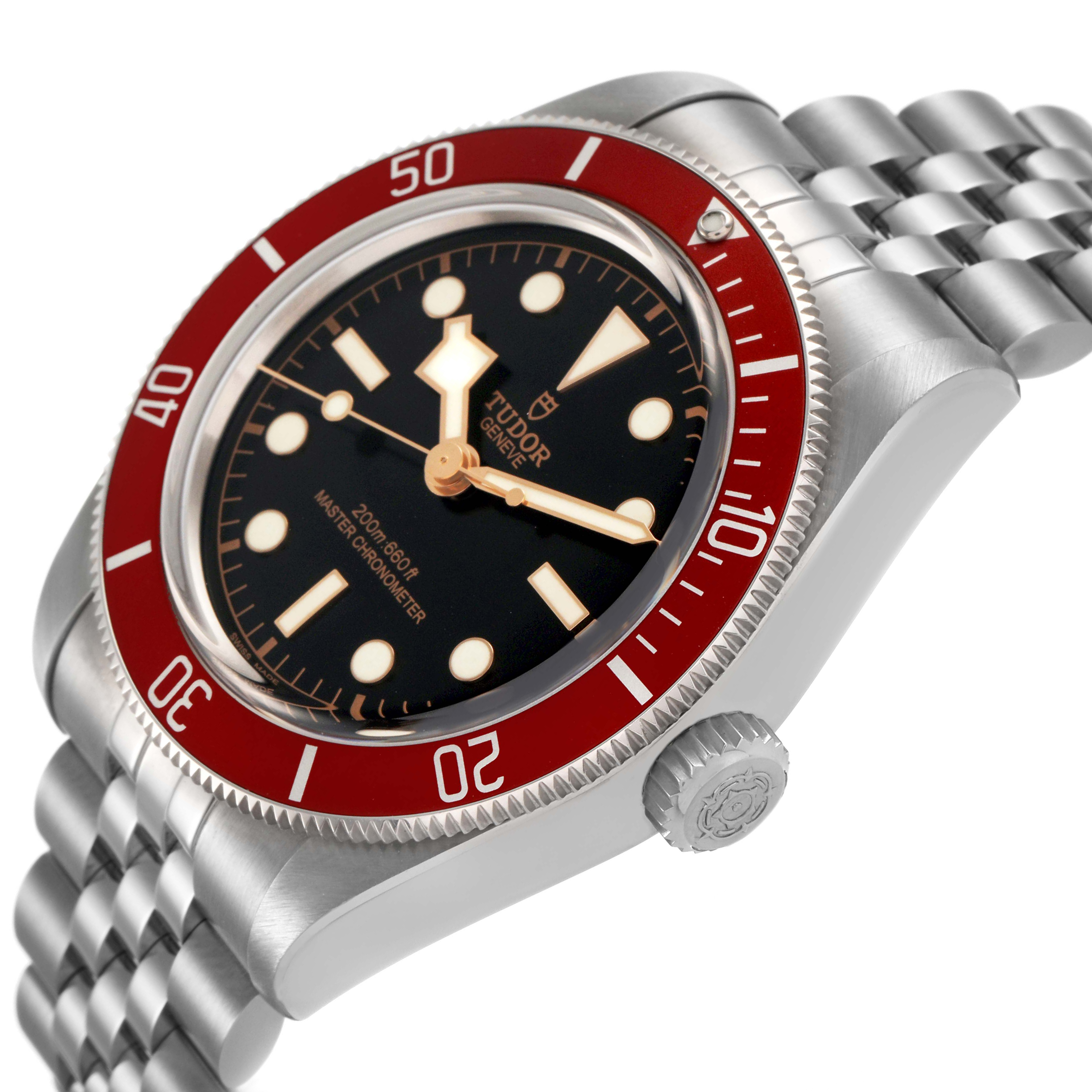 The Tudor Heritage Black Bay 7941A1A0 Mens Stainless Steel Black Dial watch is shown at a side angle, highlighting the bezel, dial, and part of the bracelet.