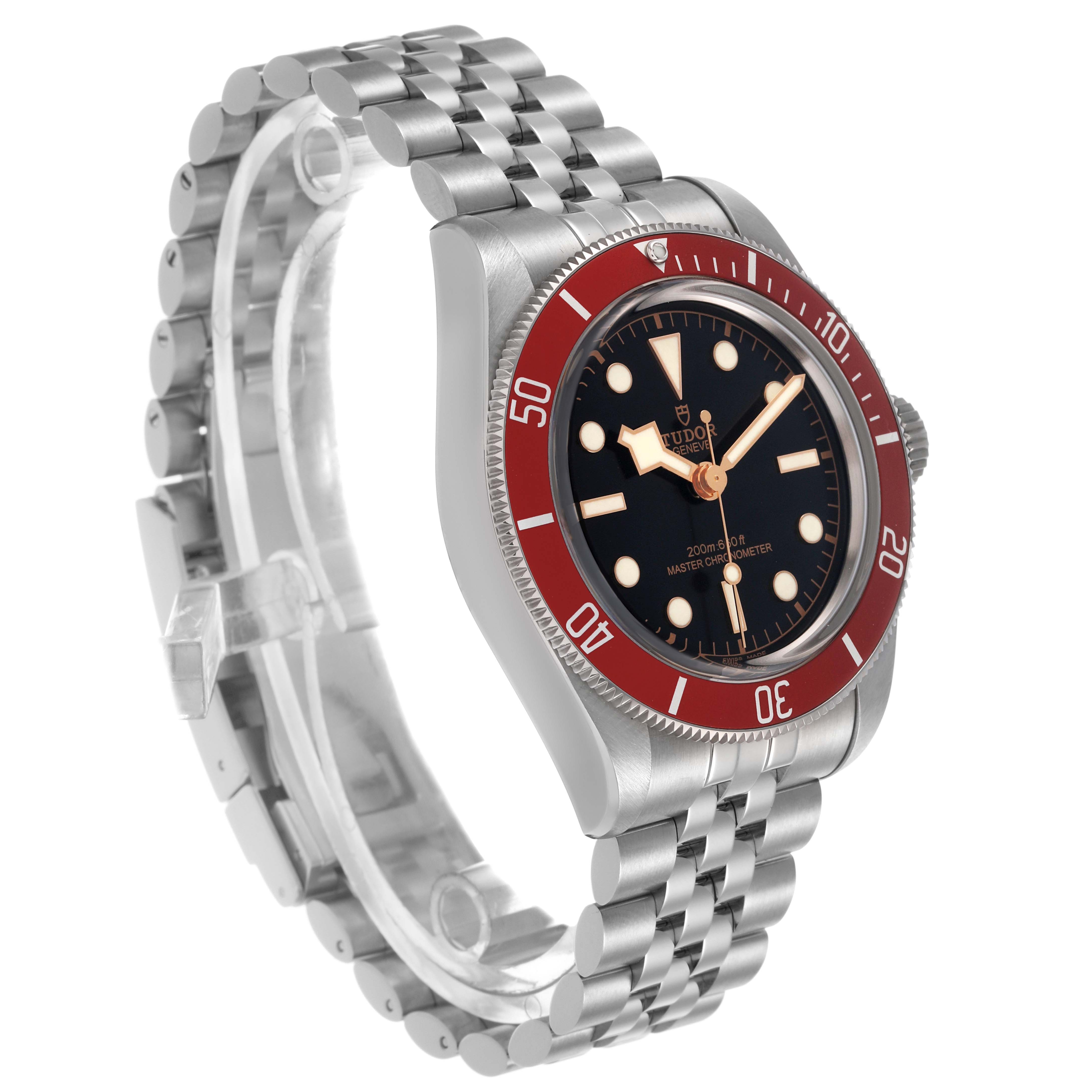 The Tudor Heritage Black Bay 7941A1A0 Men's Stainless Steel Black Dial watch is shown at a three-quarter angle displaying the face, bezel, case, and part of the bracelet.