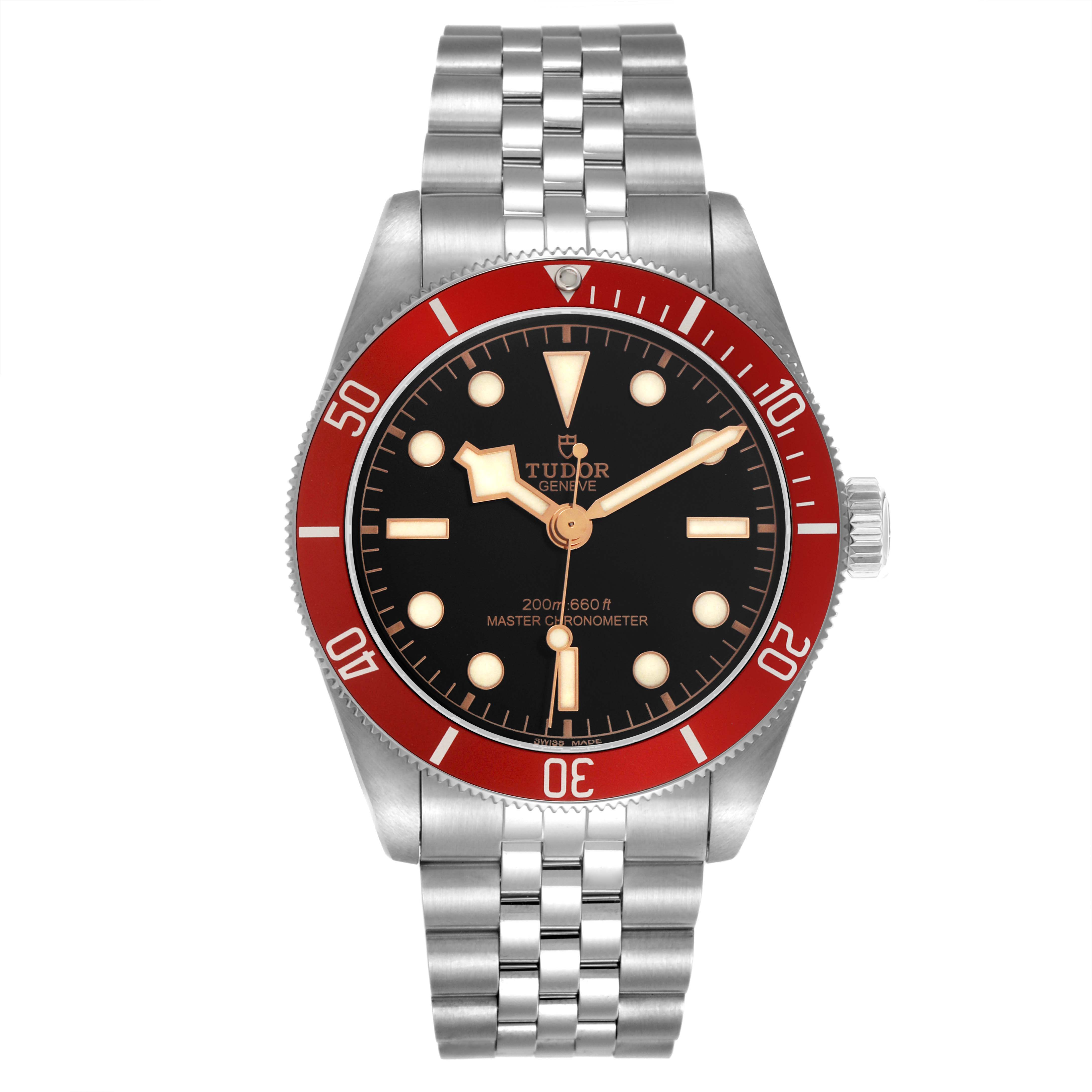 The Tudor Heritage Black Bay 7941A1A0 Men's Stainless Steel Black Dial watch is shown from the front, displaying its bezel, dial, hands, bracelet, and crown.