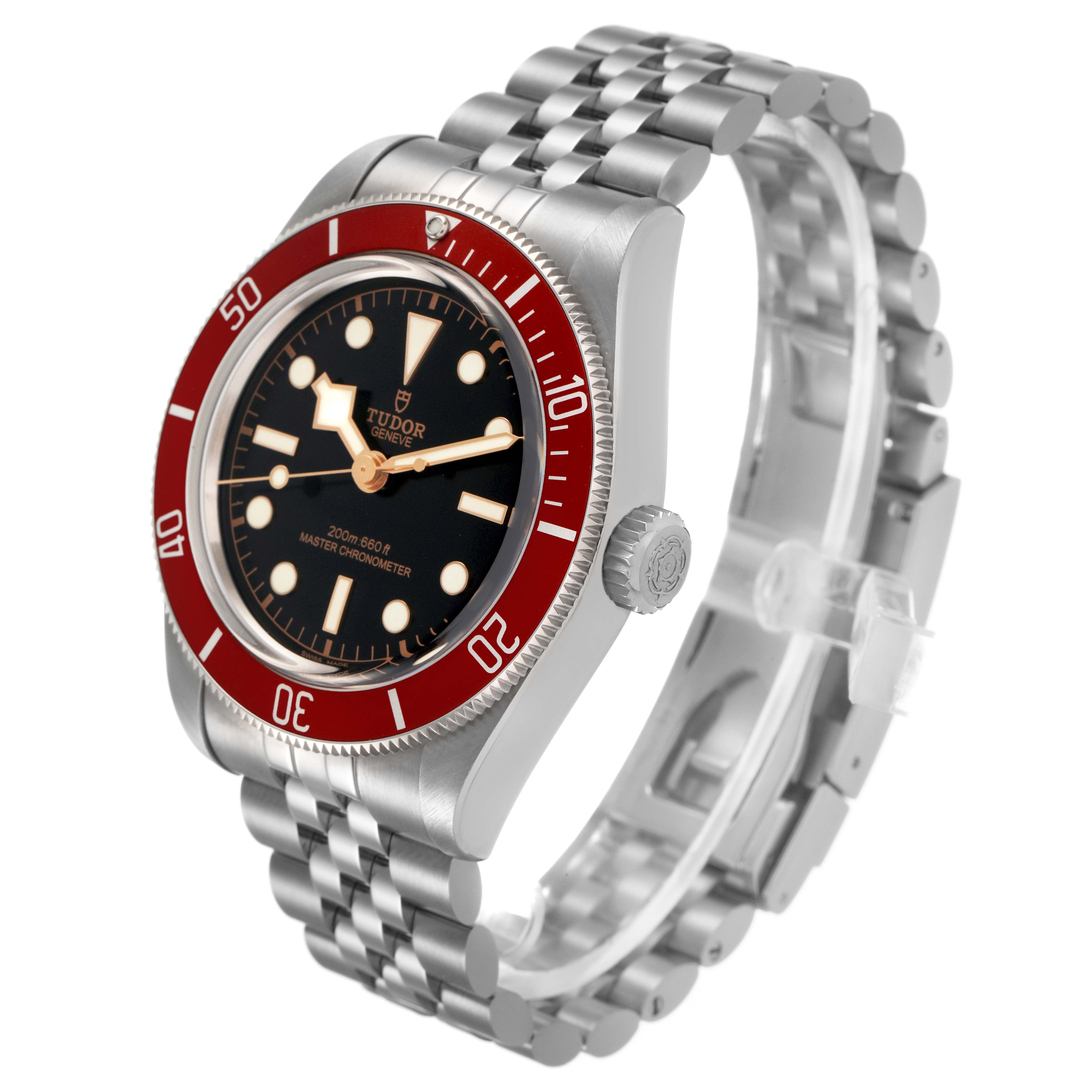 The Tudor Heritage Black Bay 7941A1A0 Mens Stainless Steel Black Dial watch is shown from a slight angle, highlighting the dial, bezel, crown, and bracelet.