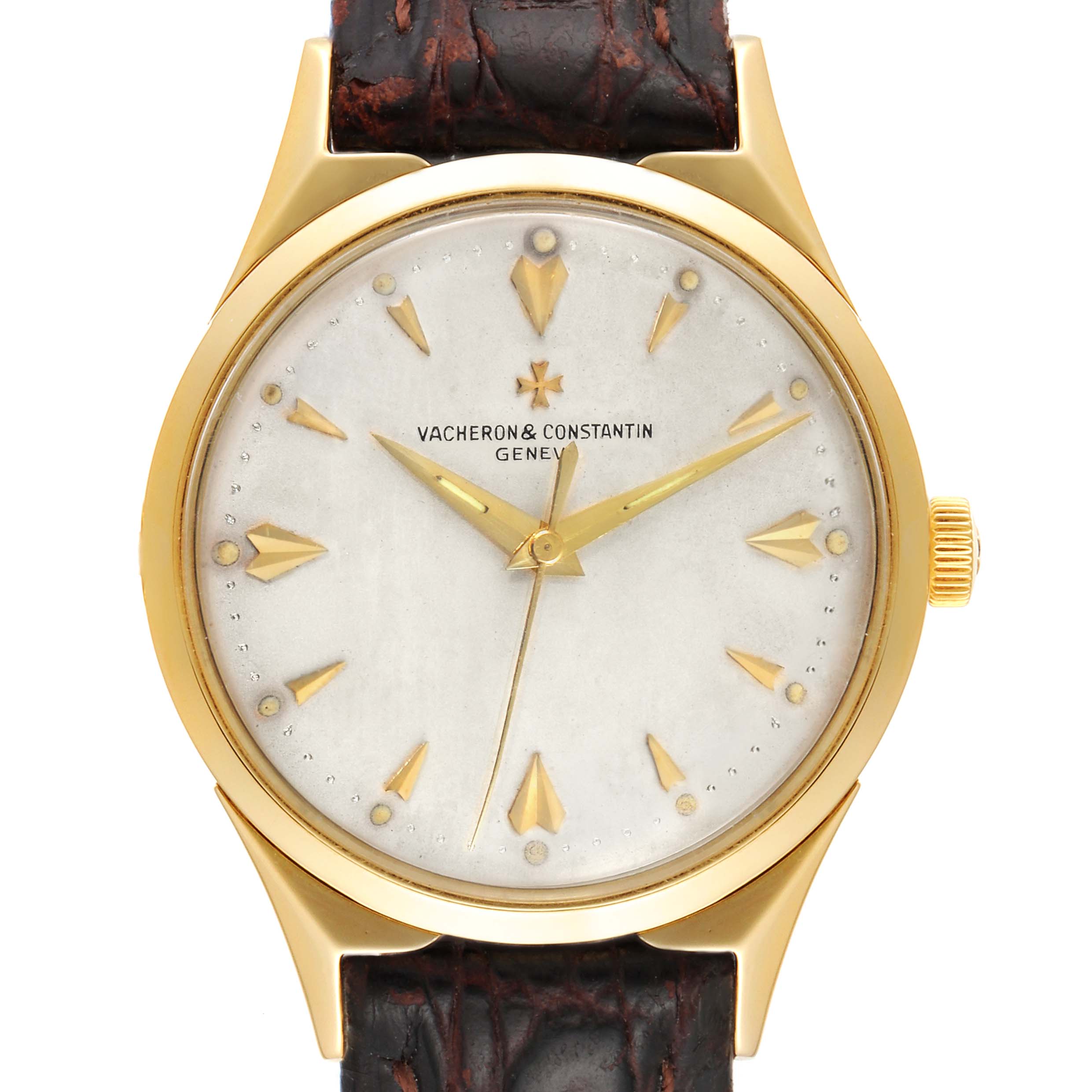 The image shows a front view of a Vintage Vacheron Constantin watch, displaying its face, hour markers, and leather strap.