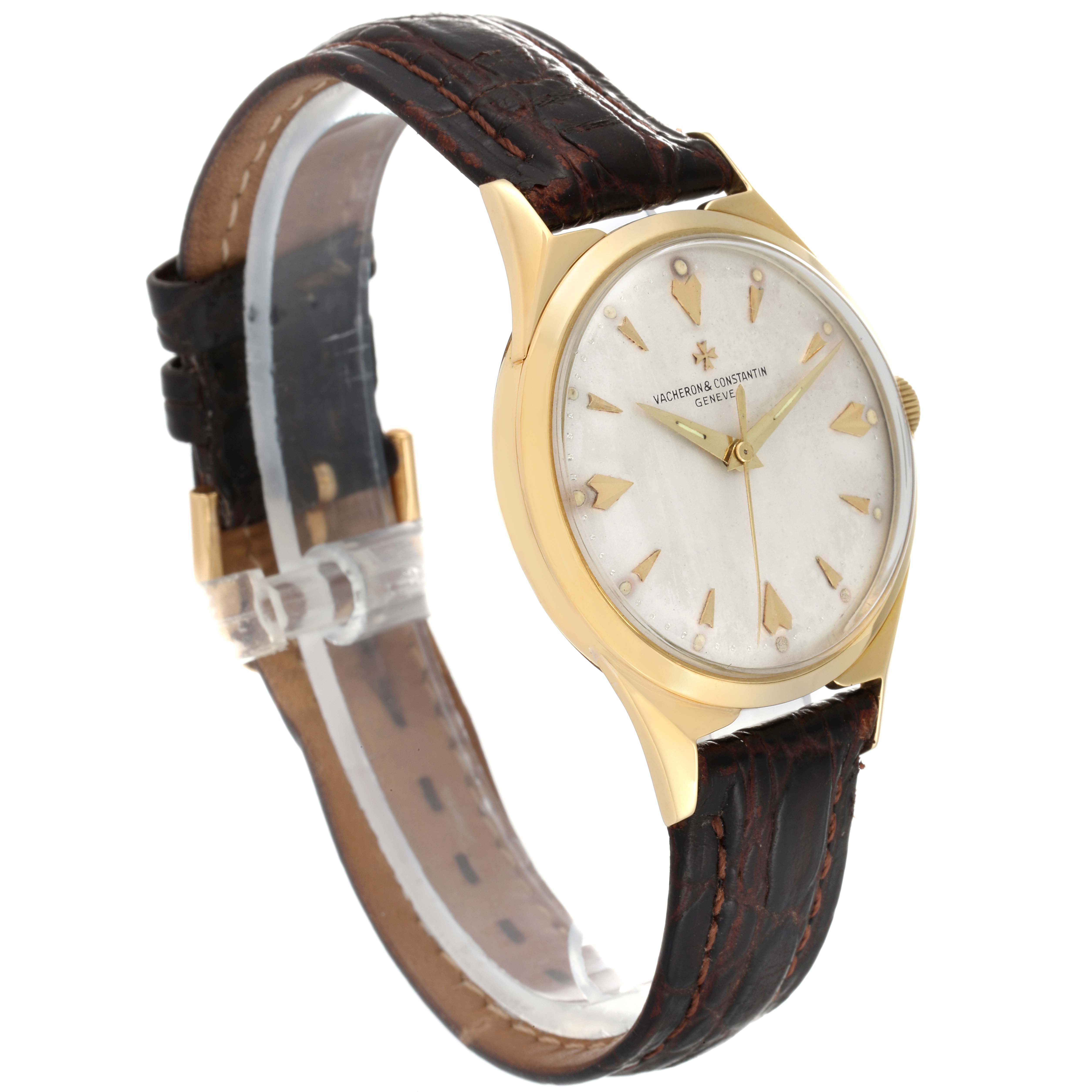 The image shows a three-quarter angle view of a vintage Vacheron Constantin watch, highlighting the dial, case, and leather strap.