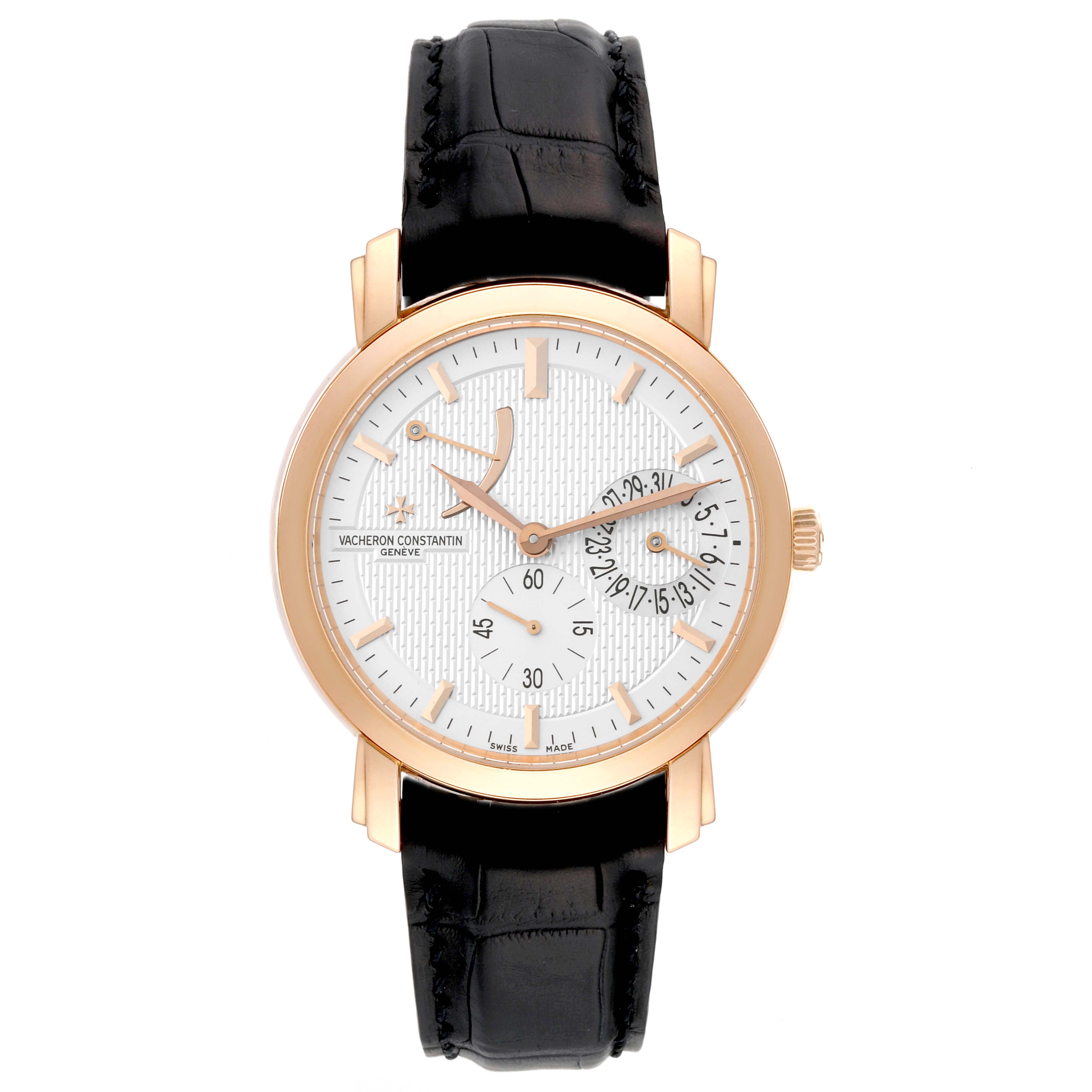 This Vacheron Constantin Malte 83060/000R Men
s Rose Gold Silver Dial 83060/000R Men
s Rose Gold Silver Dial model watch is shown from a straight-on angle, displaying the face, hands, and strap.