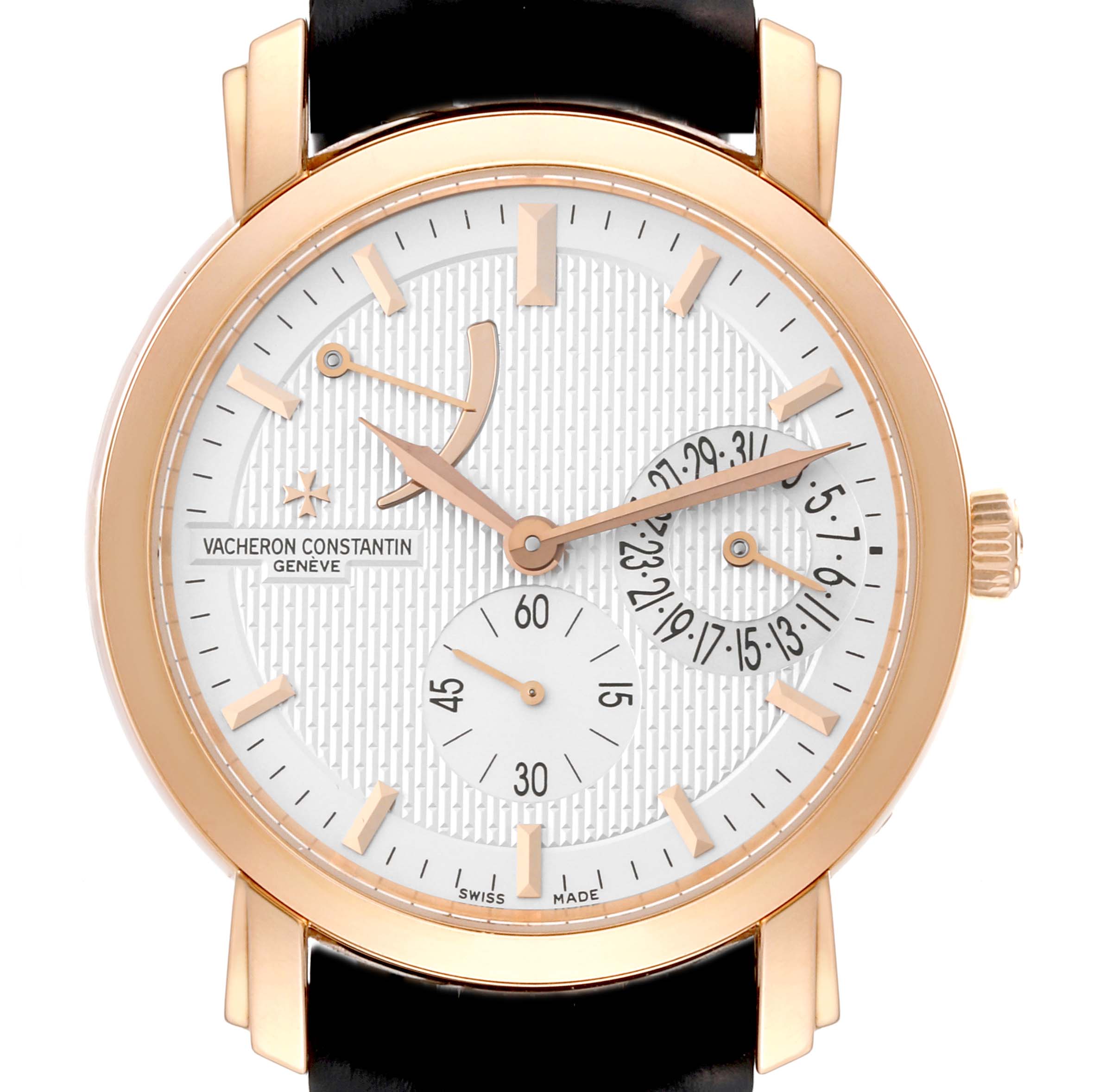 The image shows a front view of the Vacheron Constantin Malte 83060/000R Men
s Rose Gold Silver Dial 83060/000R Men
s Rose Gold Silver Dial watch, highlighting its dial, hands, subdials, and the brand logo.