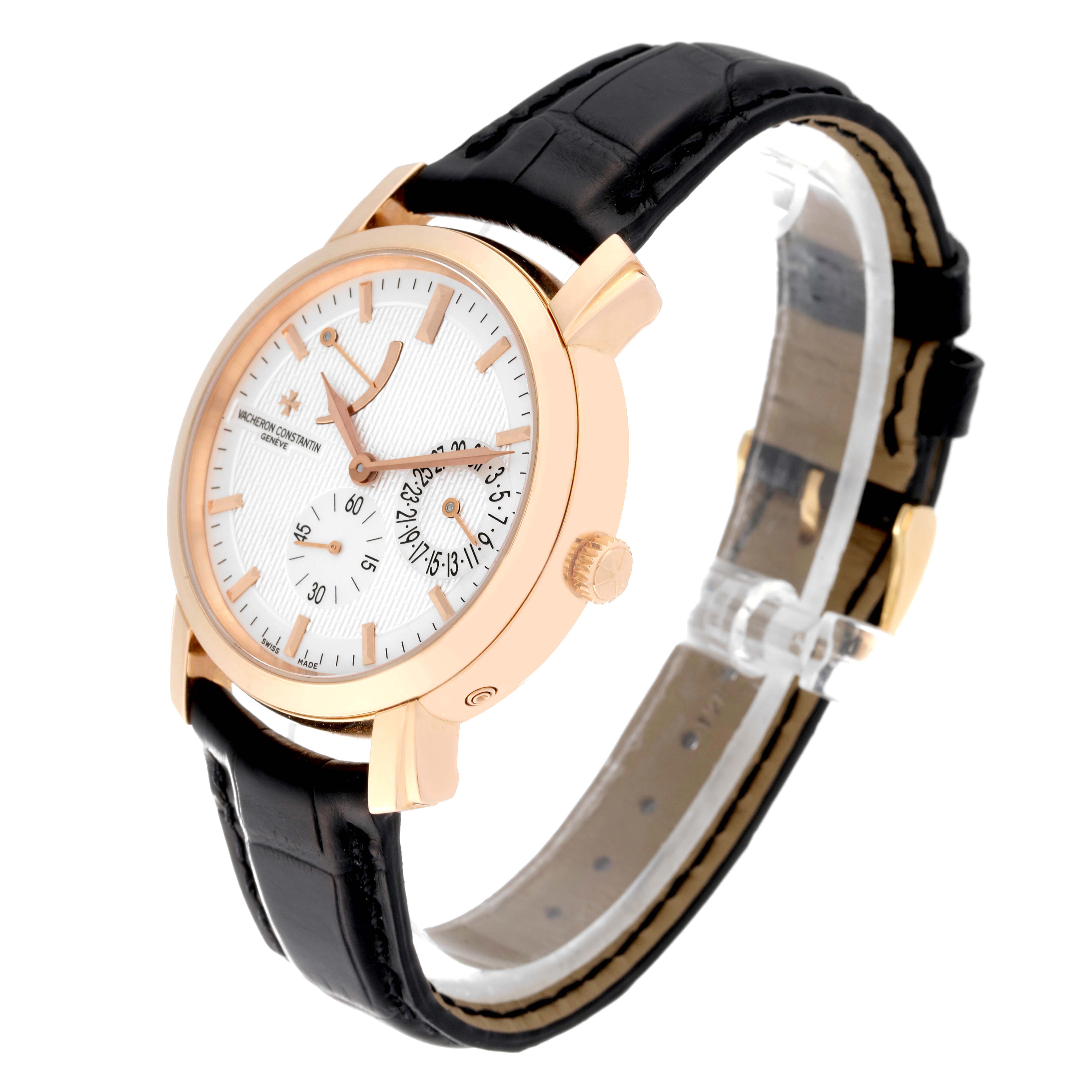 This image shows a side and front angle of the Vacheron Constantin Malte 83060/000R Men
s Rose Gold Silver Dial 83060/000R Men
s Rose Gold Silver Dial watch, highlighting its dial, case, and strap.