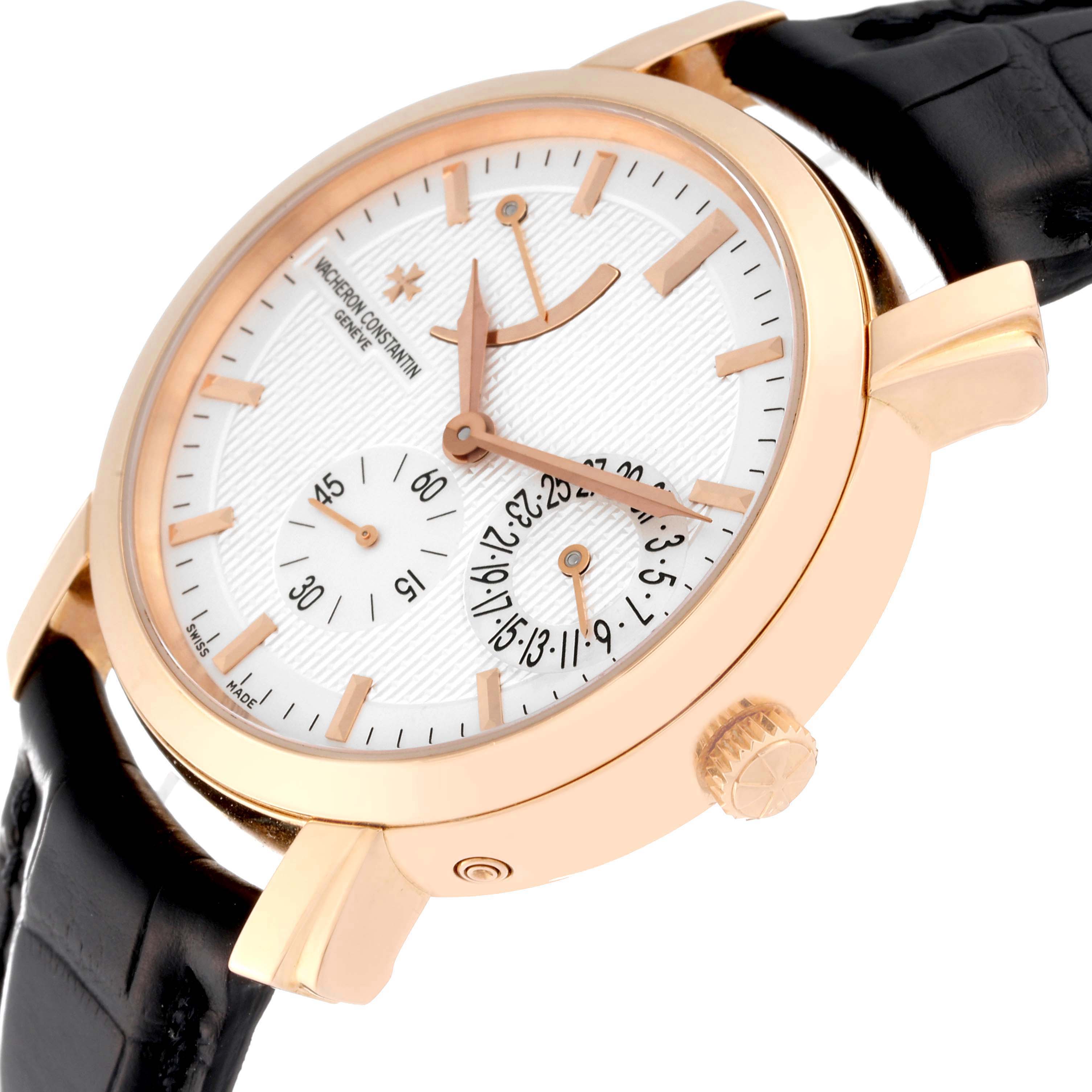 The image shows a Vacheron Constantin Malte 83060/000R Men
s Rose Gold Silver Dial 83060/000R Men
s Rose Gold Silver Dial watch at an angle displaying its dial, crown, and leather strap.