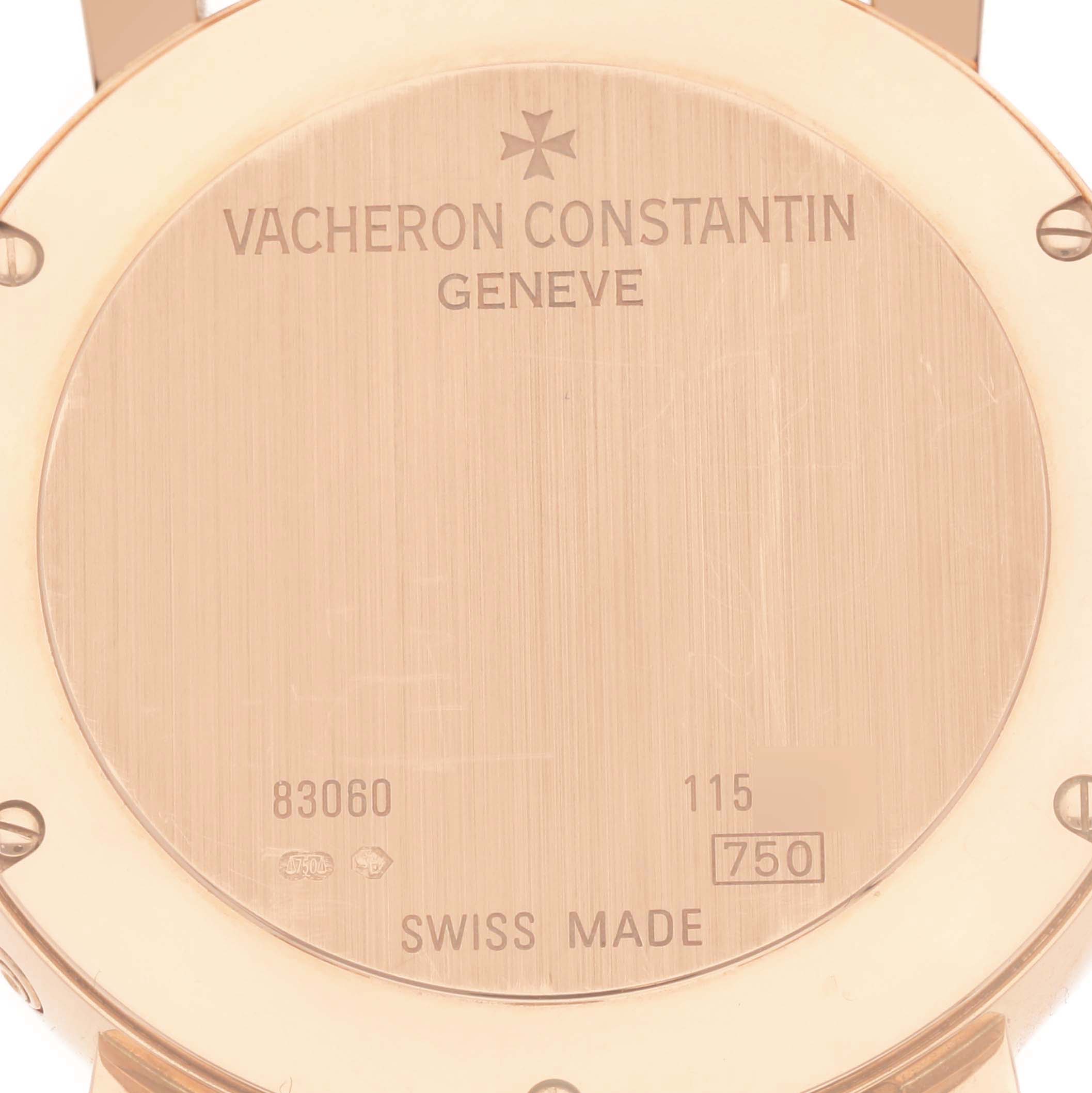 The image shows the back case of a Vacheron Constantin Malte 83060/000R Men
s Rose Gold Silver Dial 83060/000R Men
s Rose Gold Silver Dial model watch, including engravings and hallmarks.