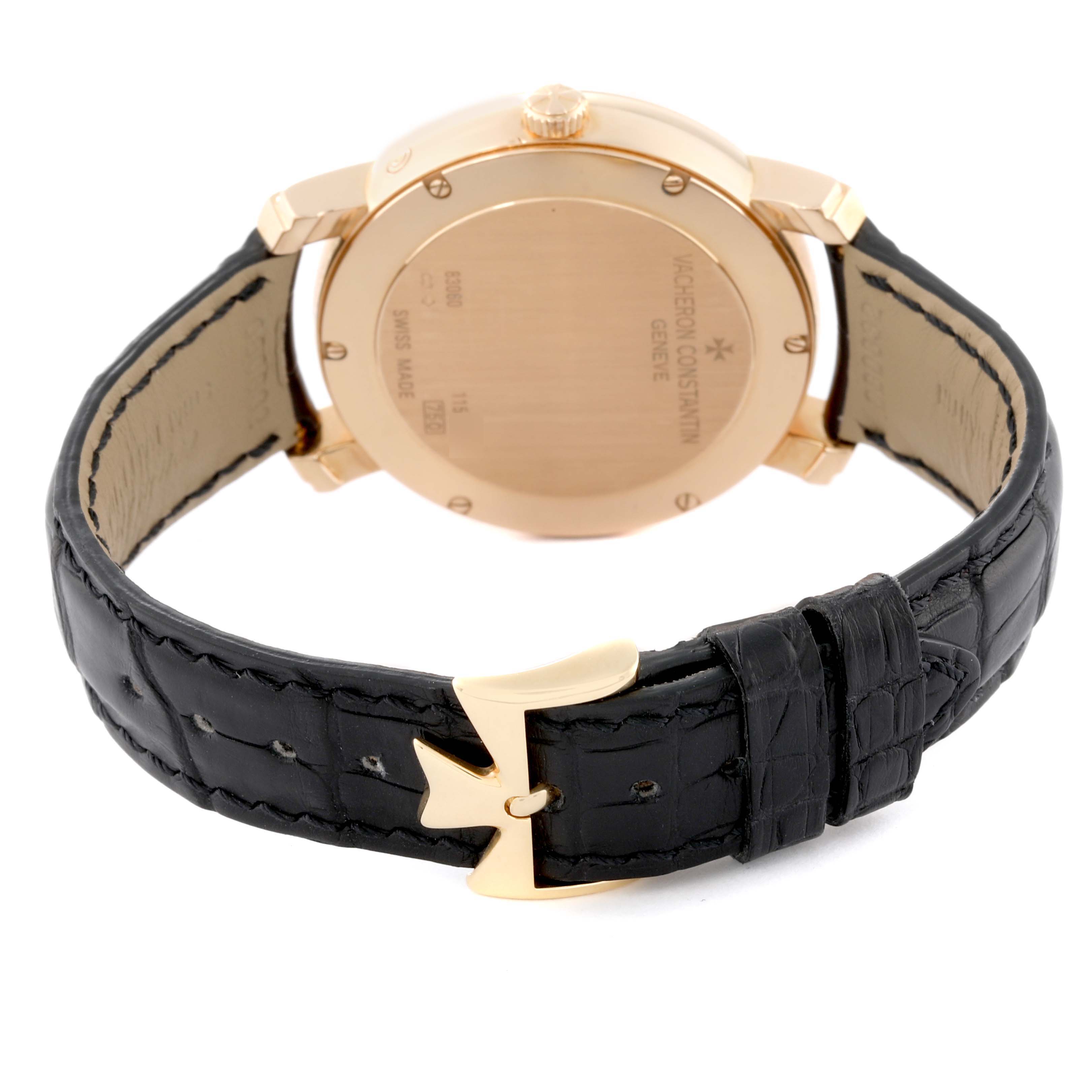 The image shows the back case and strap of a Malte model by Vacheron Constantin watch from a rear angle.