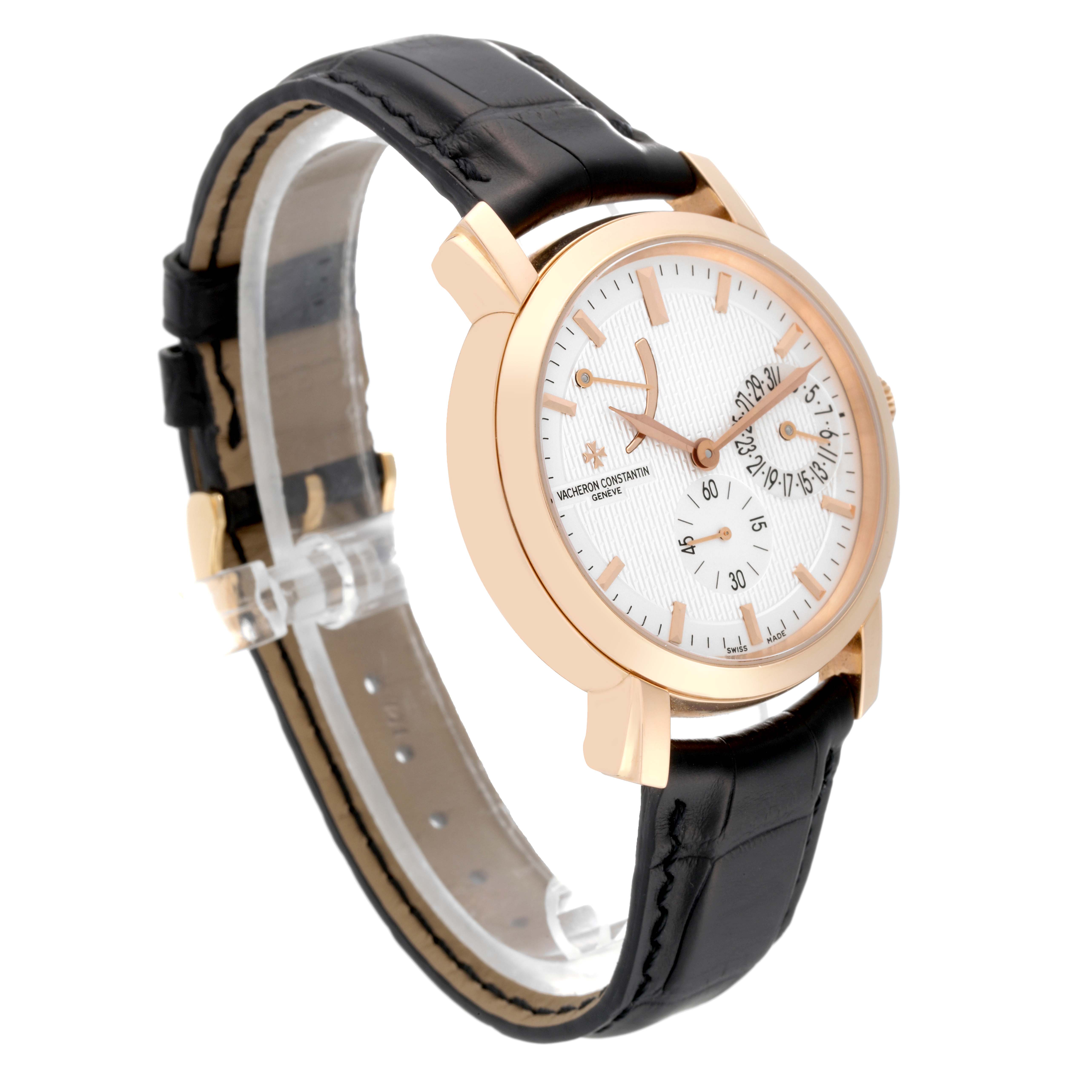The image shows a Vacheron Constantin Malte 83060/000R Men
s Rose Gold Silver Dial 83060/000R Men
s Rose Gold Silver Dial watch at a 3/4 angle, highlighting its face, case, and leather strap.