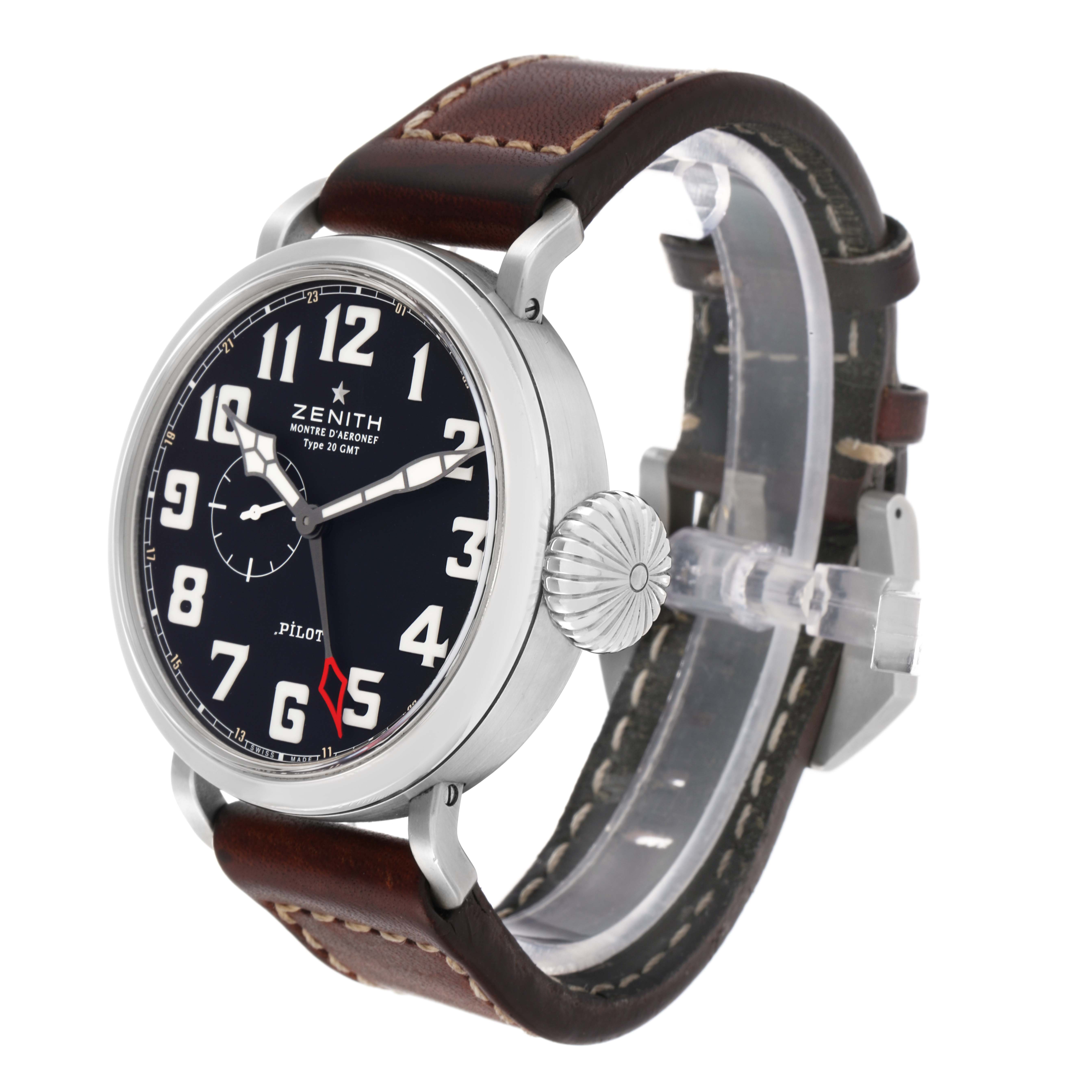 The Zenith Pilot 03.2430.693 Men
s Stainless Steel Black Dial watch is shown at a three-quarter angle, displaying the watch face, side crown, and part of the brown leather strap.