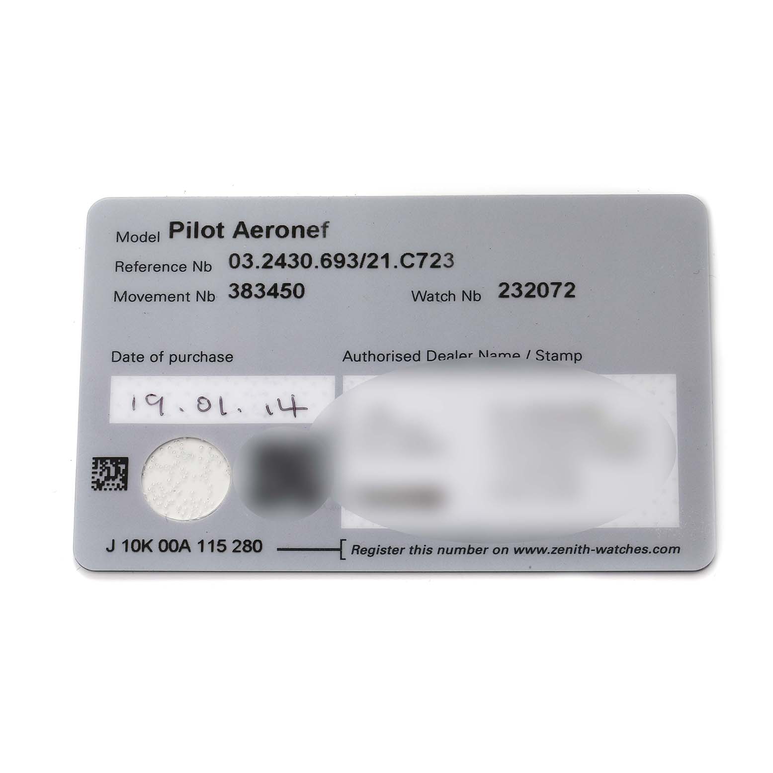 This image shows a warranty card for the Zenith Pilot 03.2430.693 Men
s Stainless Steel Black Dial Aeronef watch model, displaying reference and movement numbers.