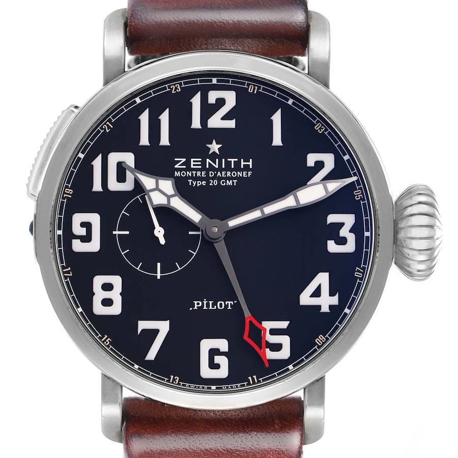 The Zenith Pilot model 03.2430.693 is shown from the front, displaying its dial with white numerals, blue face, sub-dial, and brown leather strap.