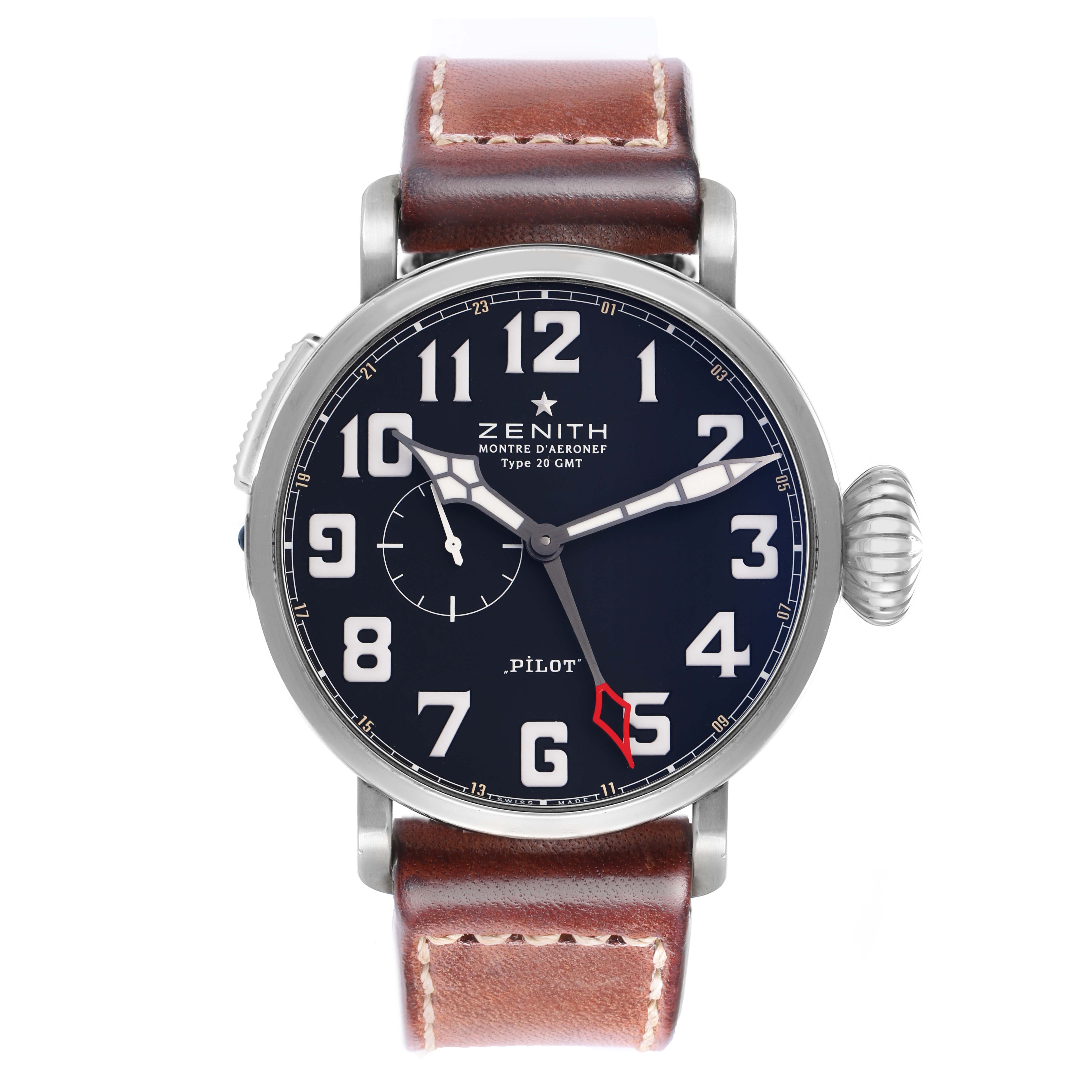 The image shows a front view of the Zenith Pilot 03.2430.693 Men
s Stainless Steel Black Dial watch, displaying its face, hands, large crown, and leather strap.