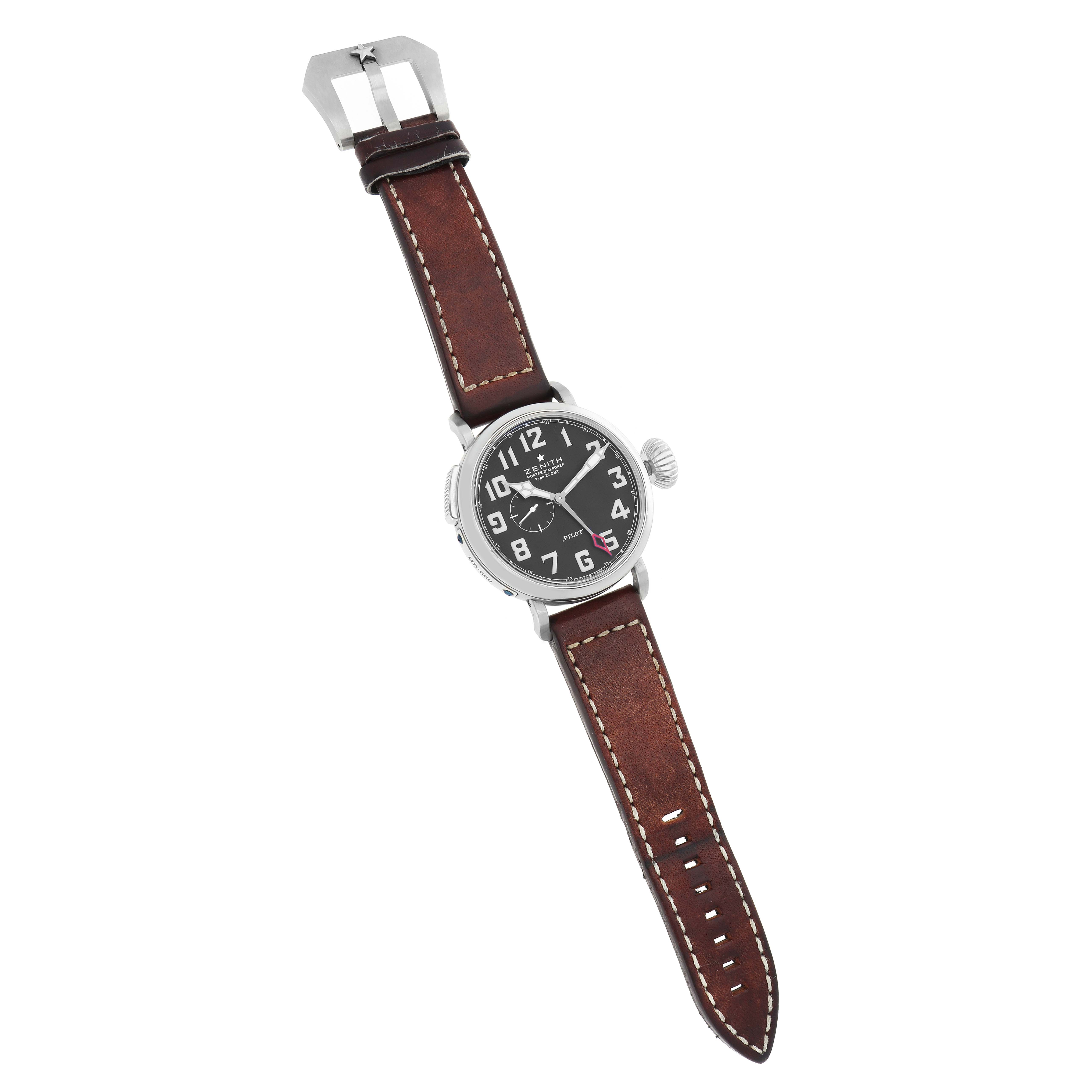 The Zenith Pilot 03.2430.693 Men
s Stainless Steel Black Dial watch is shown at a slight angle, displaying the face, case, crown, and brown leather strap.
