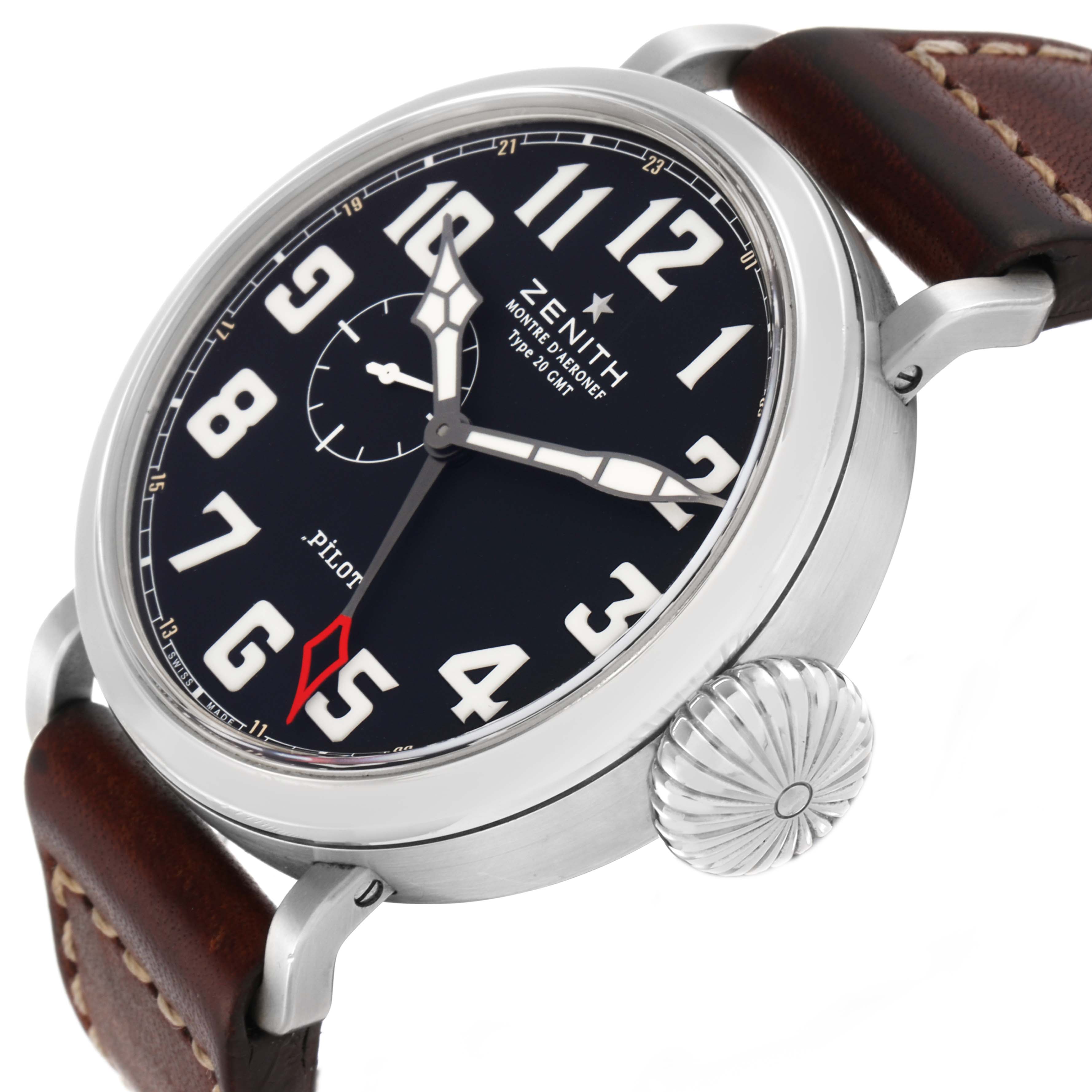 The Zenith Pilot 03.2430.693 Men
s Stainless Steel Black Dial watch is shown at an angled side view, highlighting the face, large crown, and leather strap.