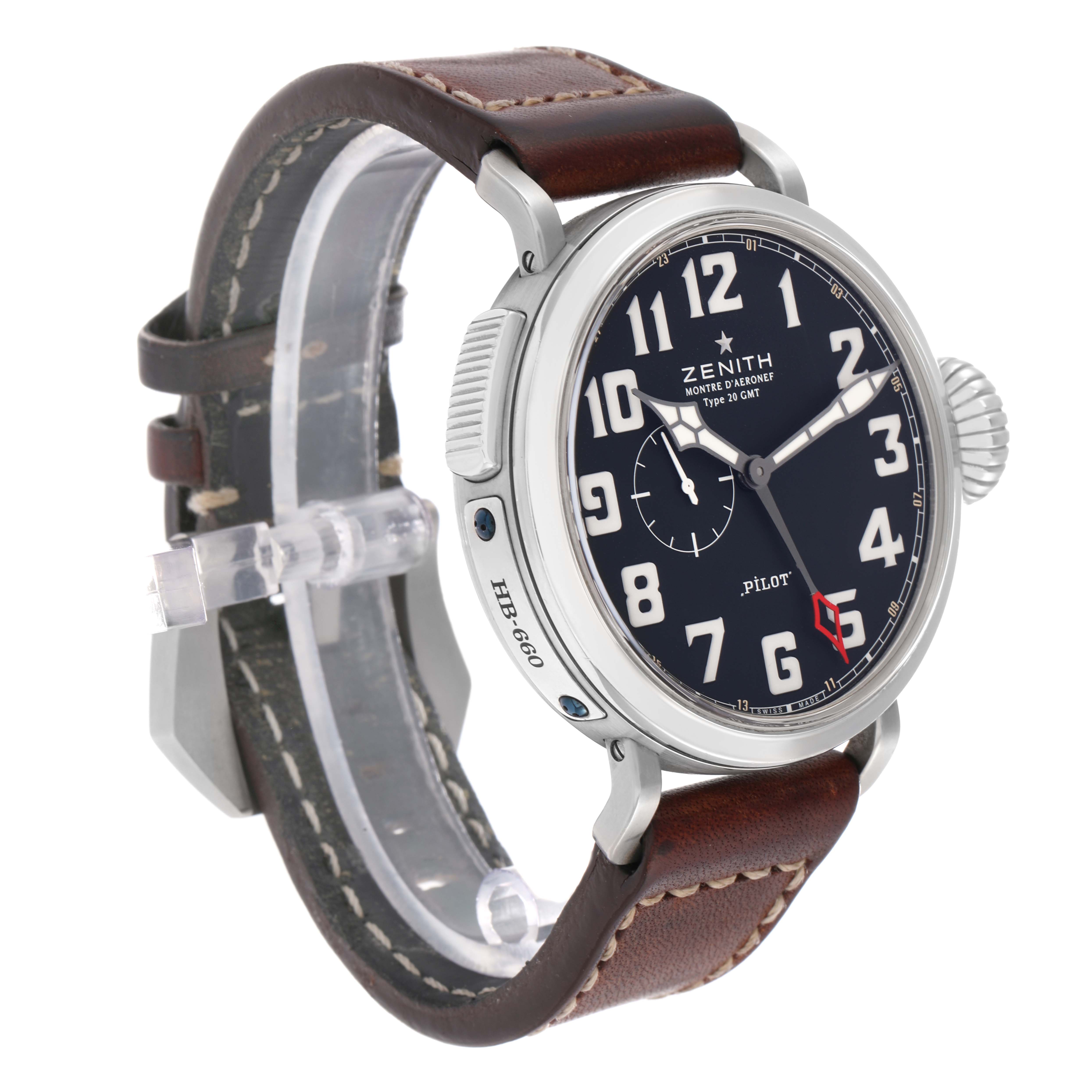 The Zenith Pilot 03.2430.693 Men
s Stainless Steel Black Dial watch is shown at a slight angle, featuring its face, crown, and brown leather strap.