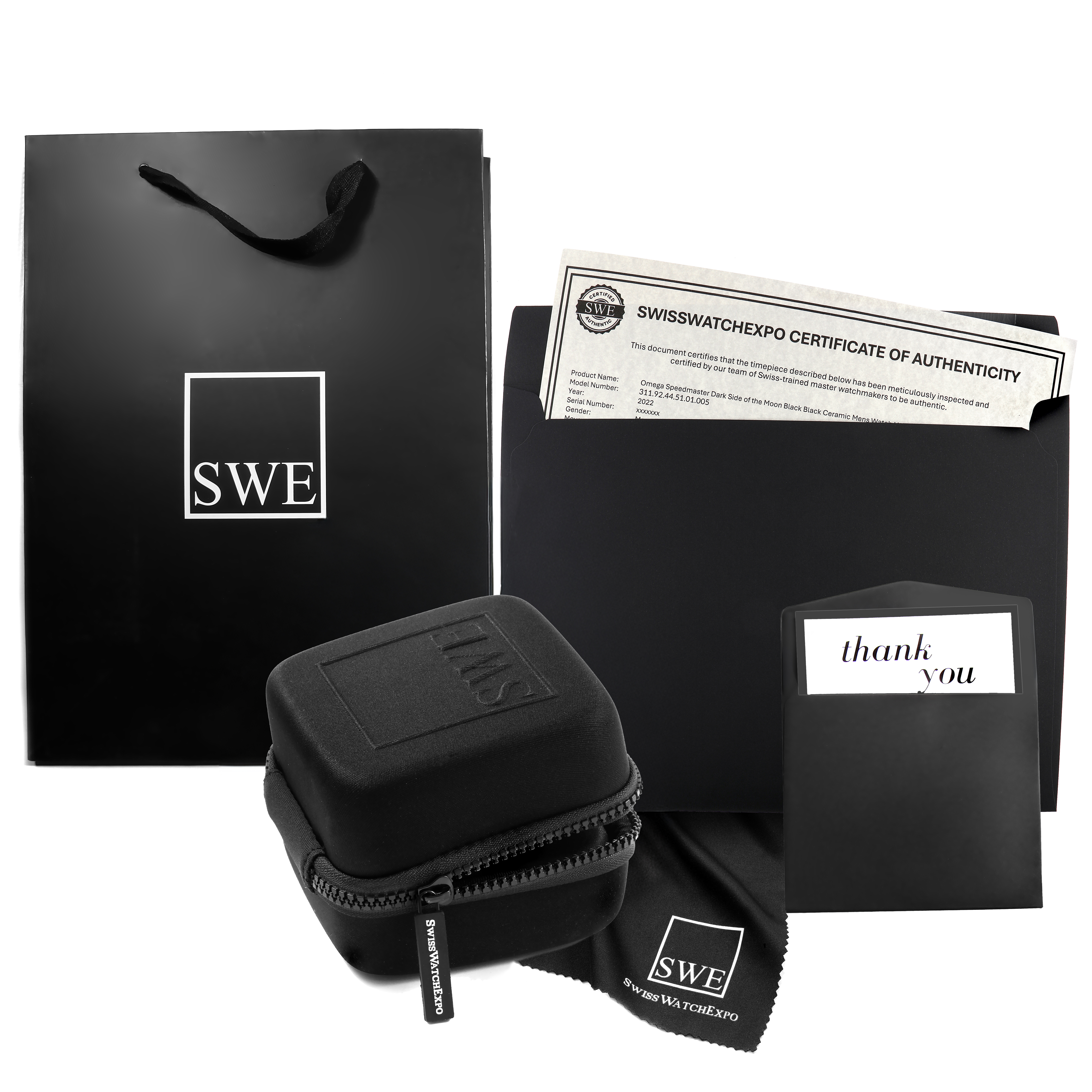 The image shows accessories for a Rolex Air-King Men's , including a case, certificate of authenticity, and cleaning cloth.
