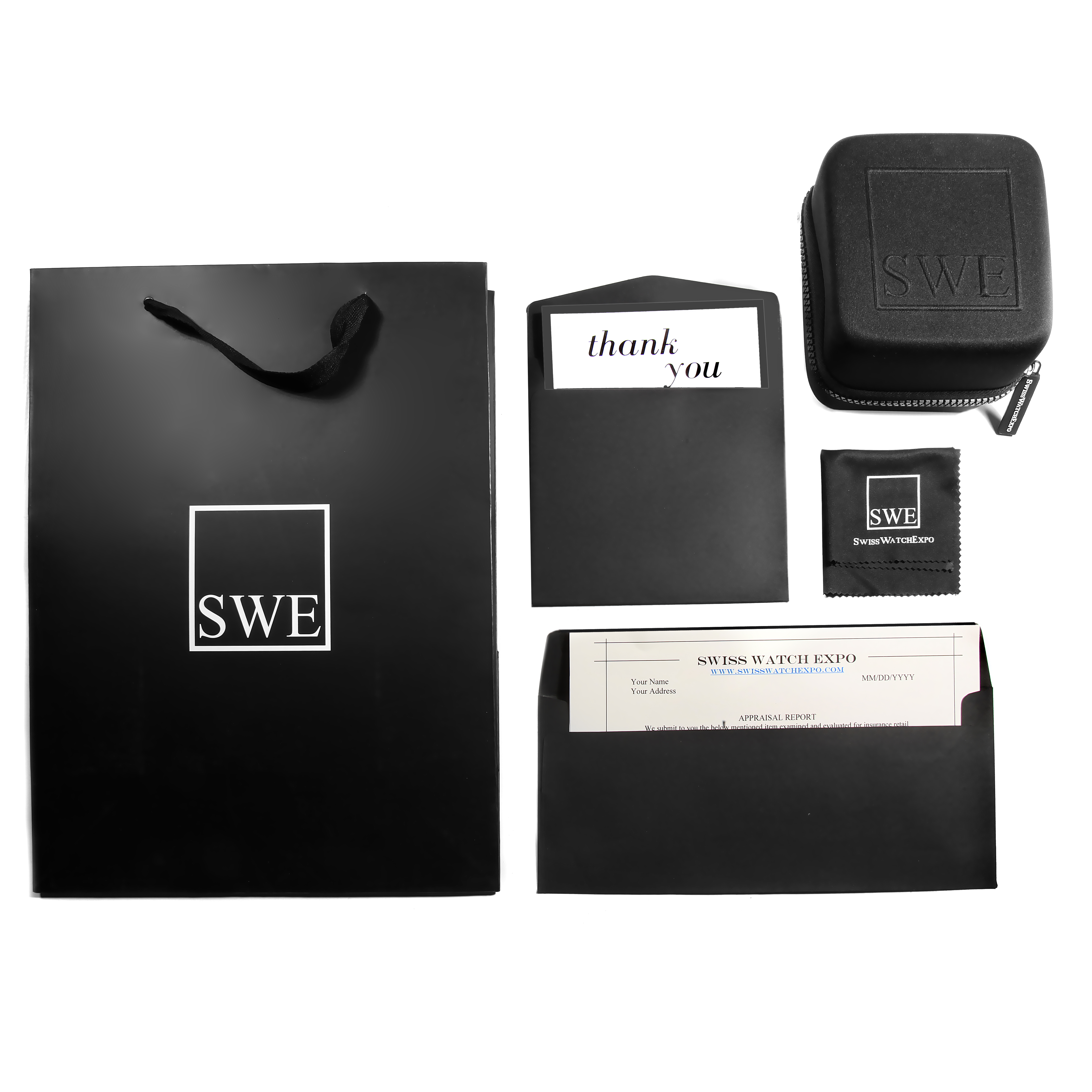 The image shows packaging accessories for the Rolex Air-King Men's , including a bag, case, envelopes, and cloth, all with SWE branding.