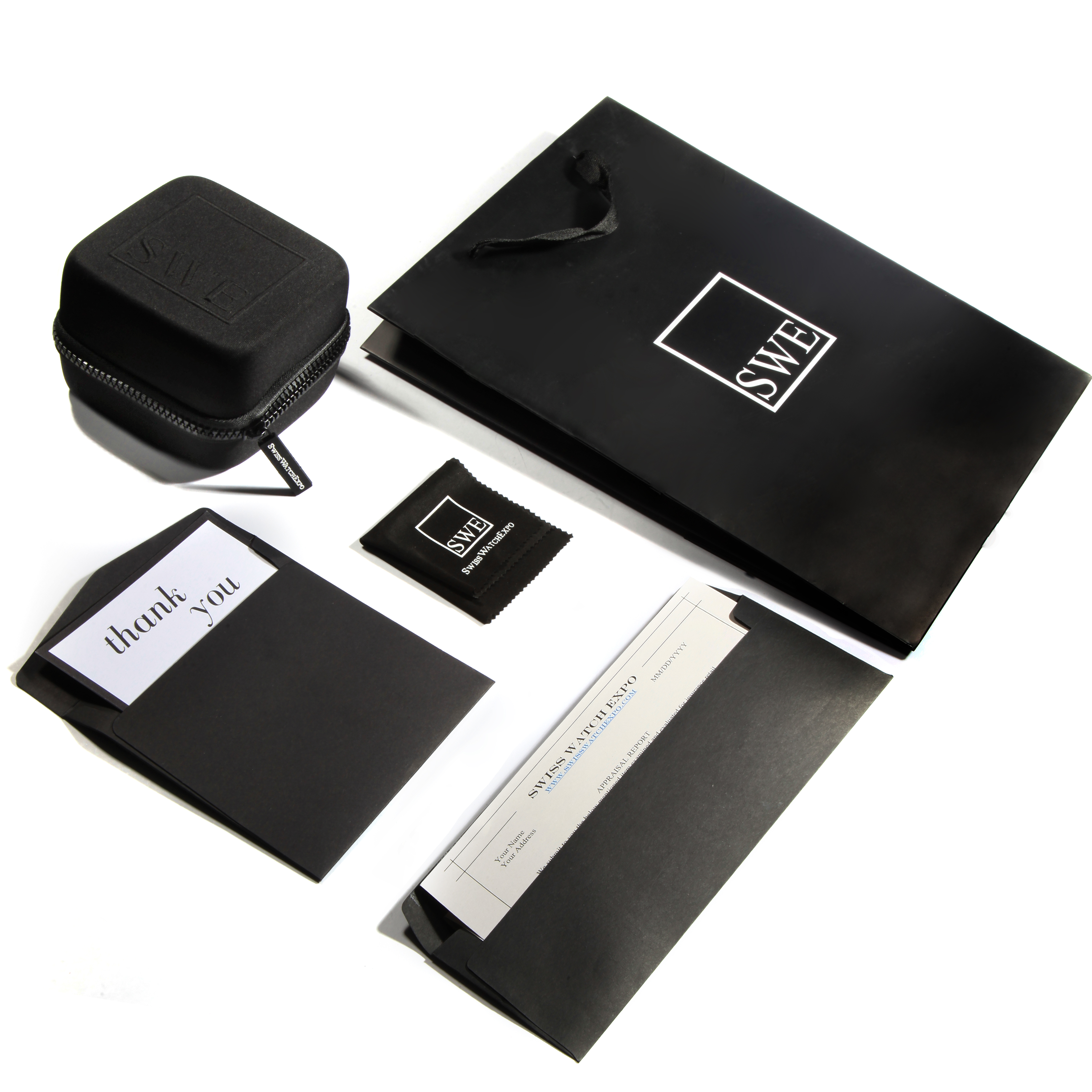 The image shows accessories for the Rolex Air-King Men's , including a black case, shopping bag, cloth, and thank you note from Swiss Watch Expo.