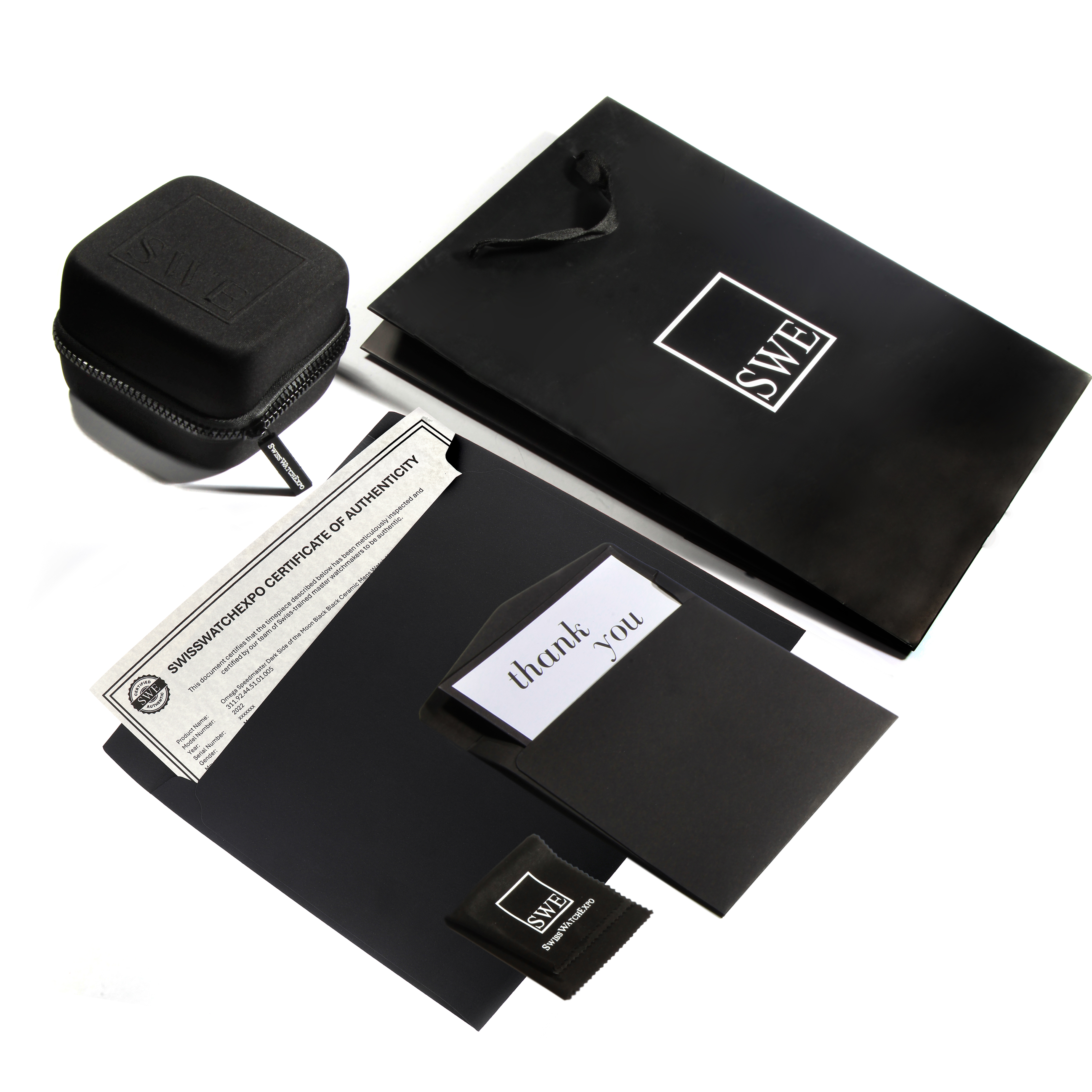 The image shows accessories for a Rolex Air-King Men's , including a case, certificate, and packaging, viewed from above.