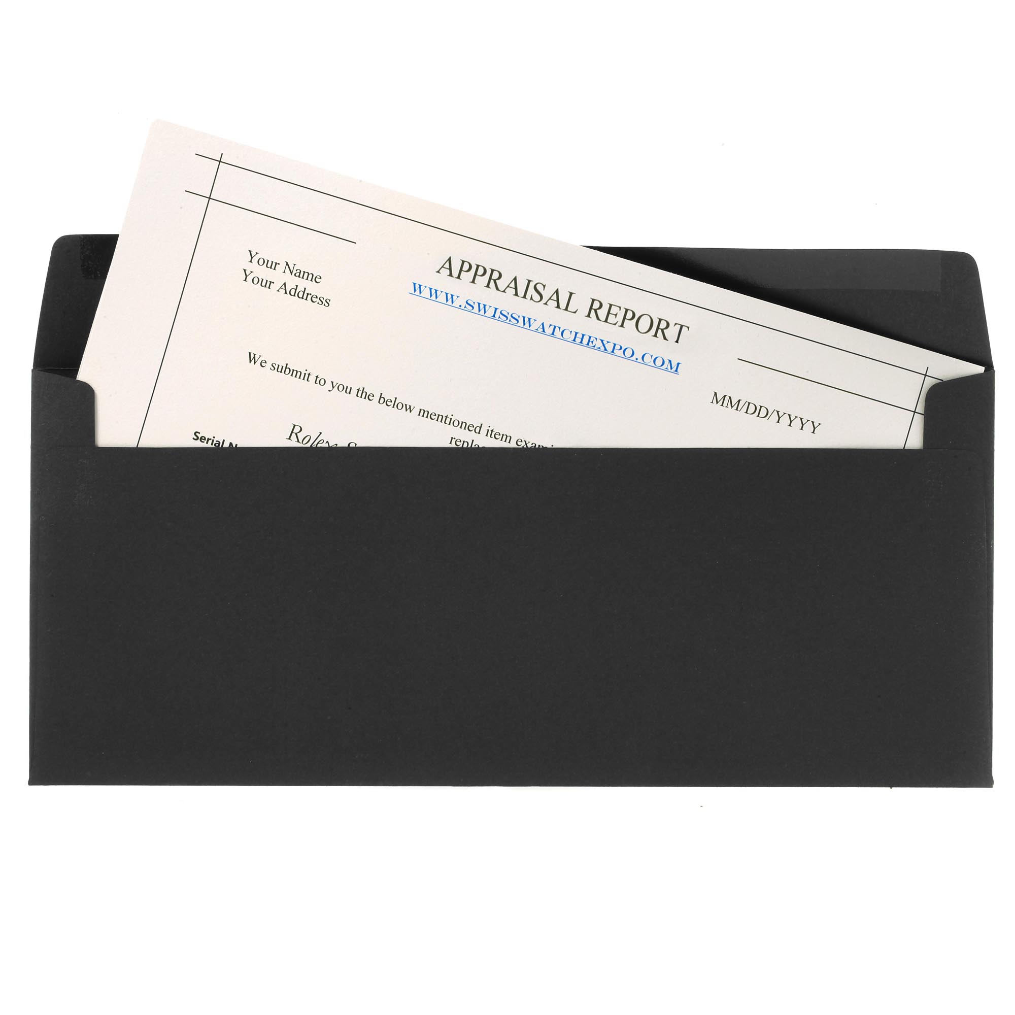 This image shows an appraisal report envelope for a Rolex Air-King Men's  Men's , not the watch itself.