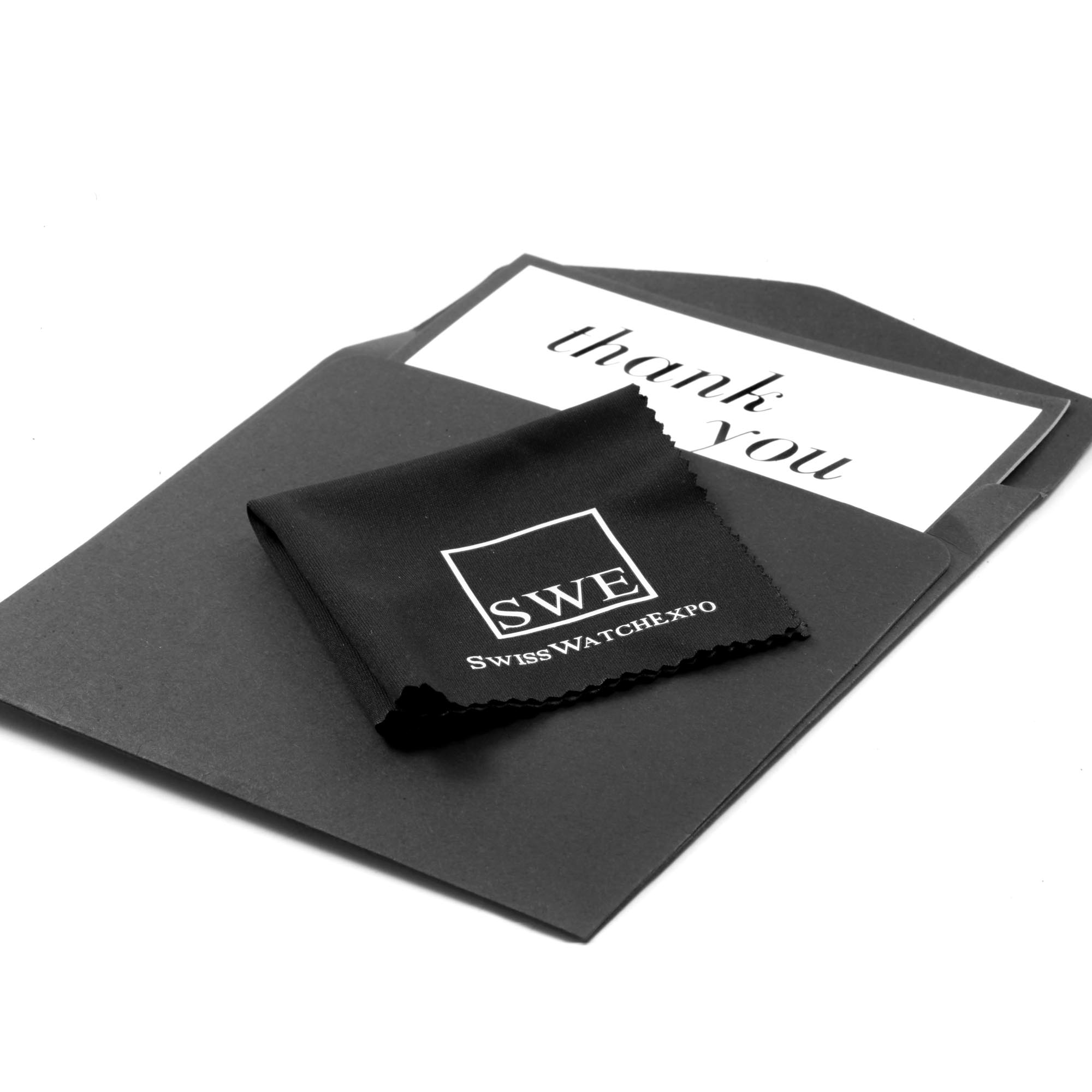 The image shows a black cleaning cloth and thank you card, accessories of the Rolex Air-King Men's  Men's  model.