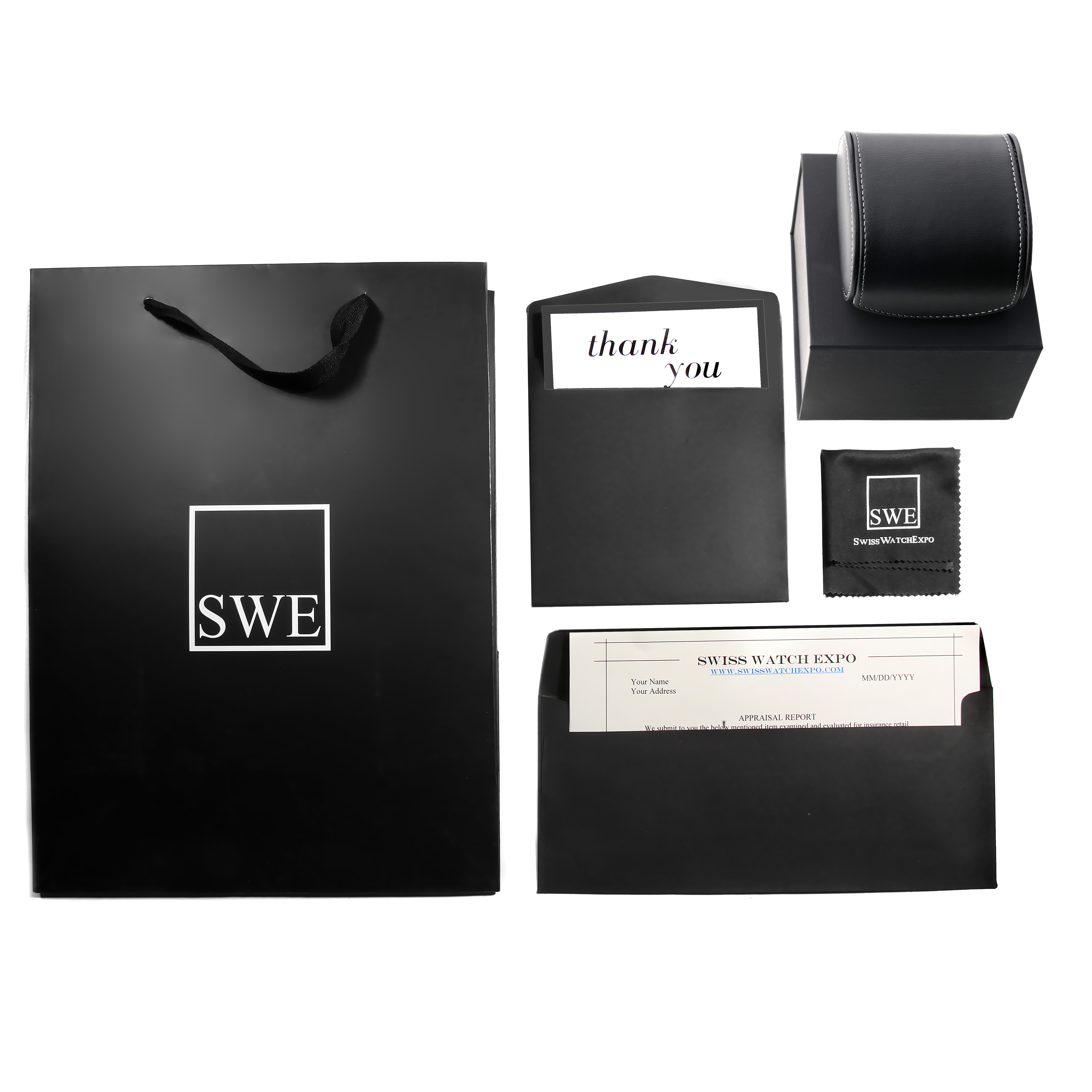 The image shows packaging and accessories for the Rolex Air-King Men's  Men's , including a gift bag, envelope, thank you card, and cleaning cloth.