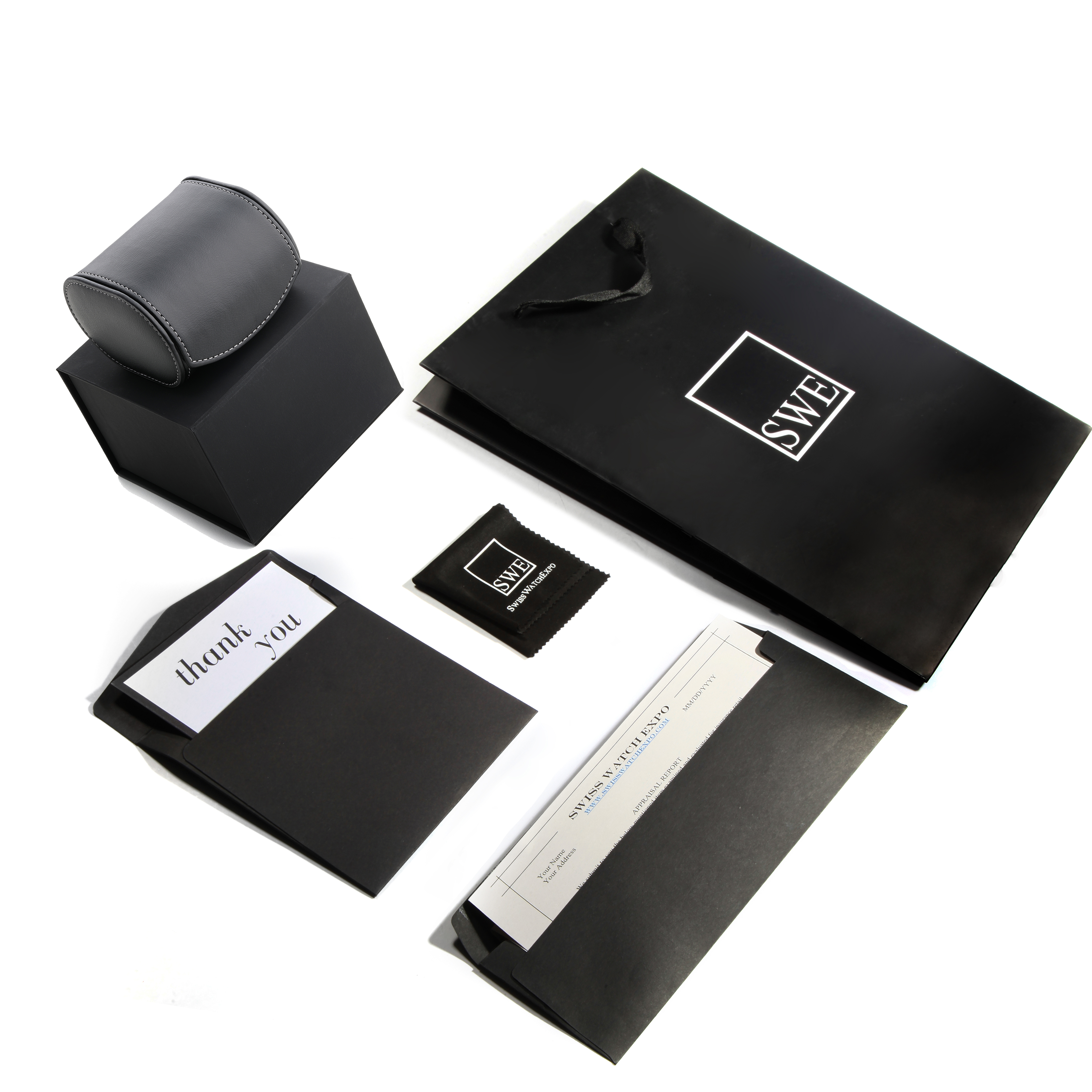 The image shows packaging and accessories for the Rolex Air-King Men's  Men's , including a box, pouch, bag, and documents.