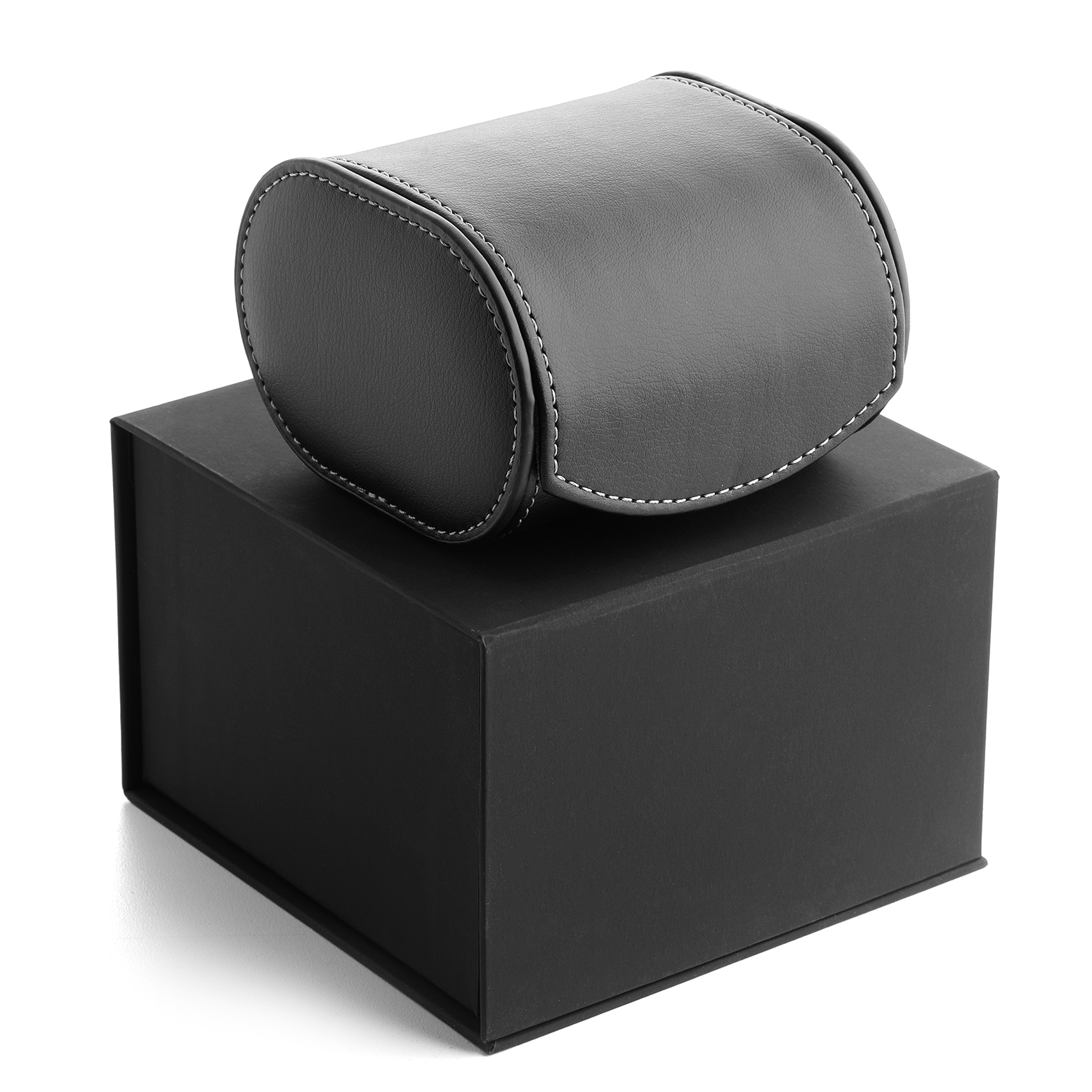 The image shows a black leather watch case on a black box, possibly for a Rolex Air-King Men's  Men's  watch.