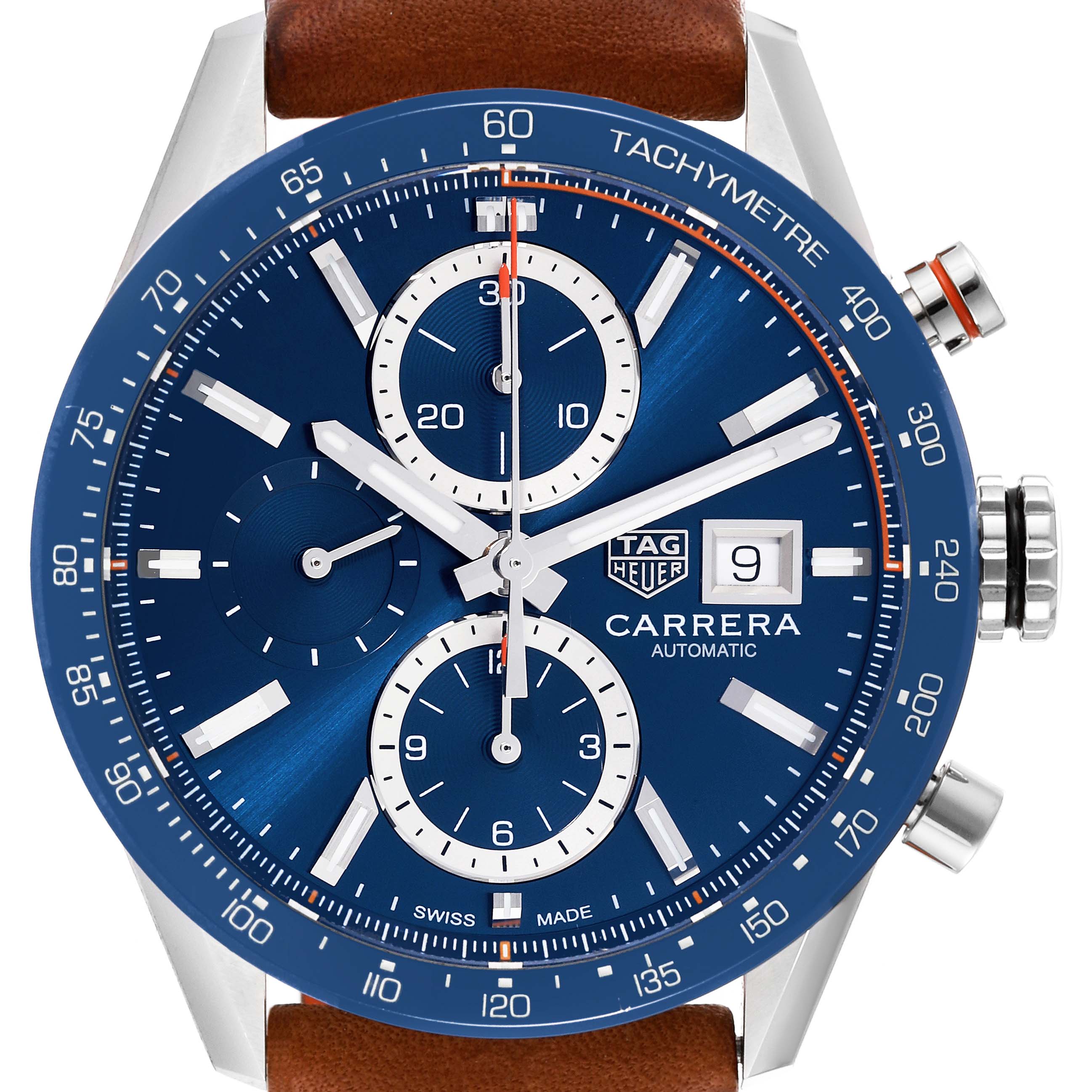 The Tag Heuer Carrera CBM2112 Men's Stainless Steel Blue Dial CBM2112 Men's Stainless Steel Blue Dial model watch is shown from a front angle, featuring its blue dial, sub-dials, tachymeter, and date display.