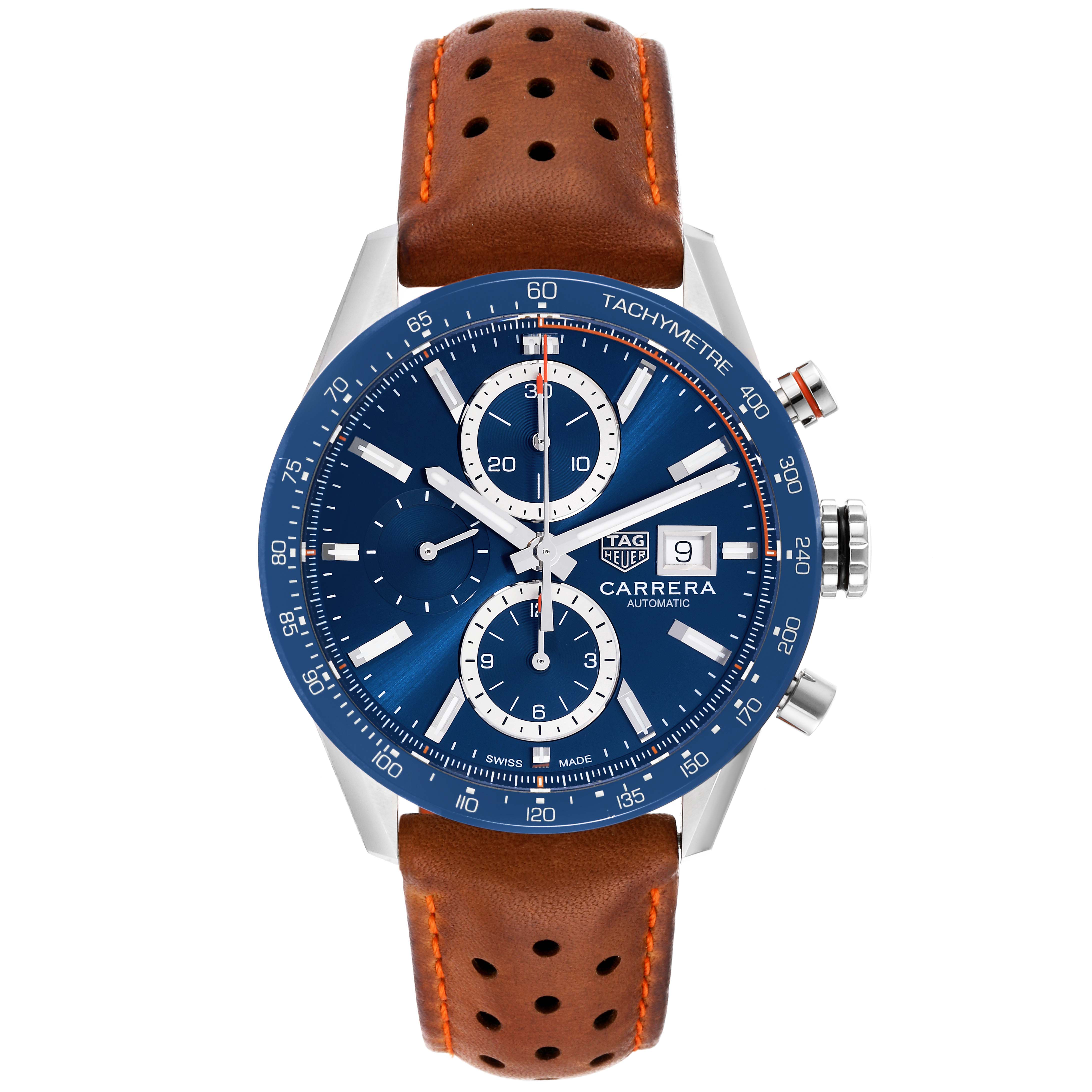 The image shows a front view of the Tag Heuer Carrera CBM2112 Men's Stainless Steel Blue Dial CBM2112 Men's Stainless Steel Blue Dial watch with a brown perforated leather strap.