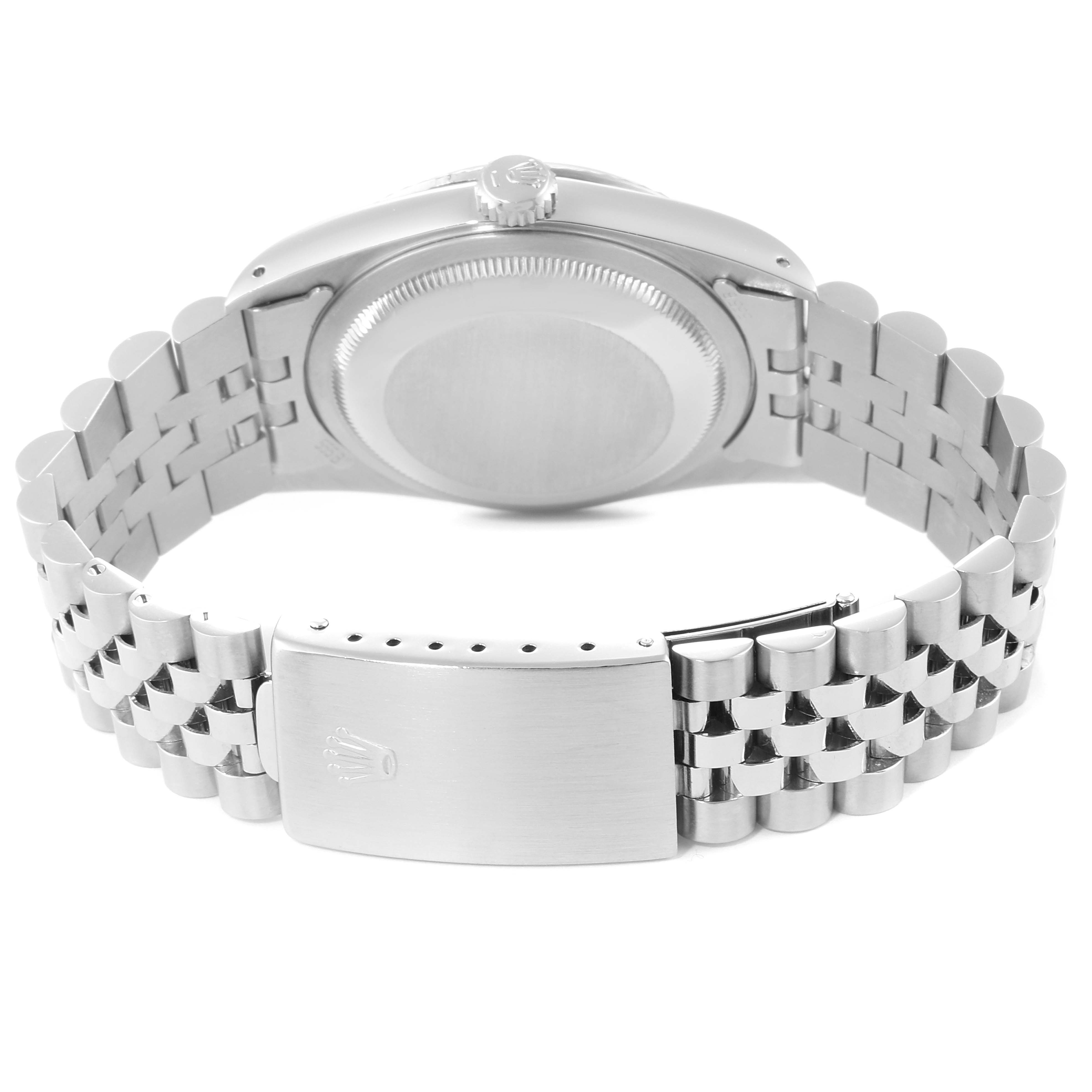 The image shows the back view of the Rolex Datejust 16234 Men's Stainless Steel Silver Dial 16234 Men's Stainless Steel Silver Dial watch, featuring its case back, crown, and Jubilee bracelet clasp.