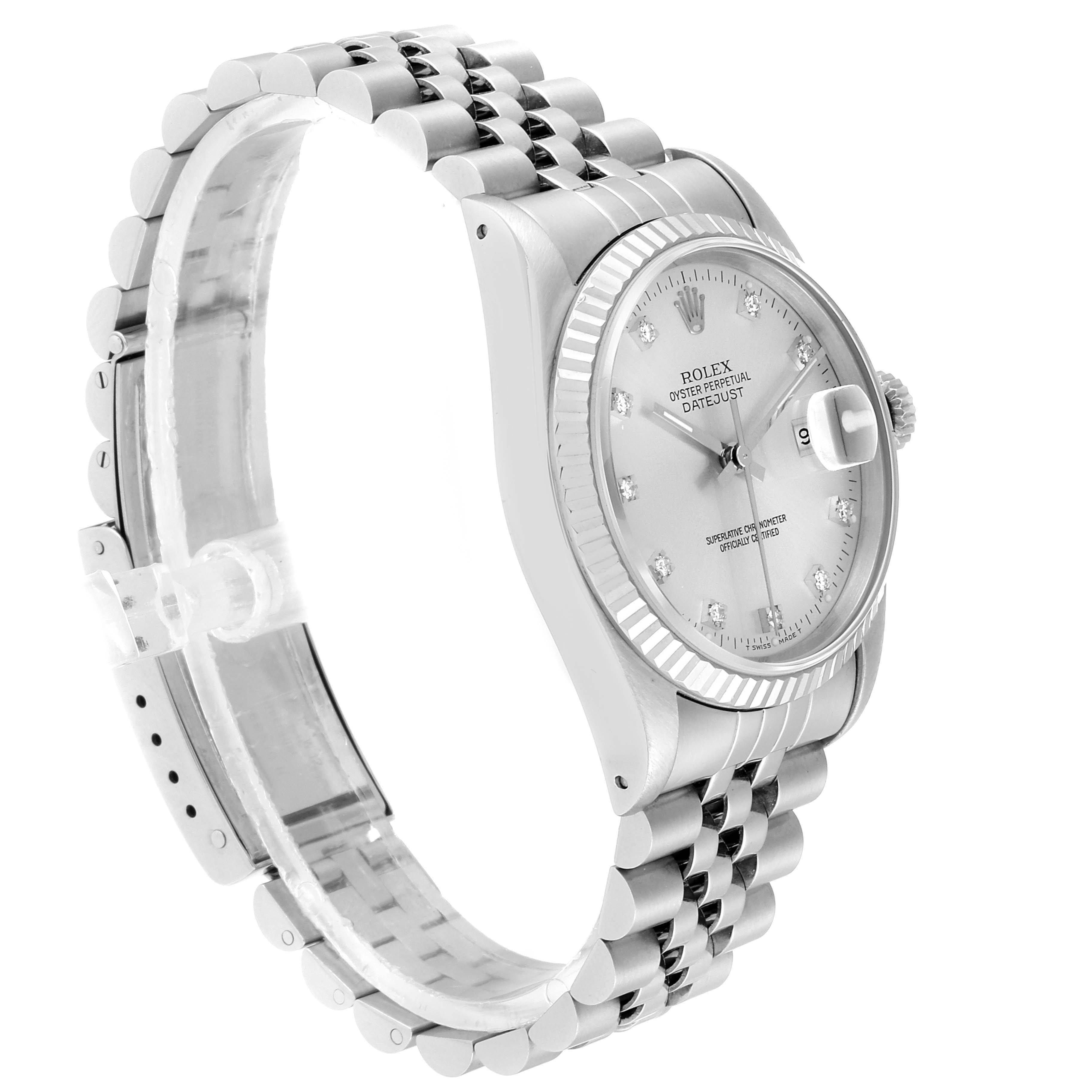 The image shows a side view of the Rolex Datejust 16234 Men's Stainless Steel Silver Dial 16234 Men's Stainless Steel Silver Dial watch, highlighting its bracelet, bezel, case, and dial.