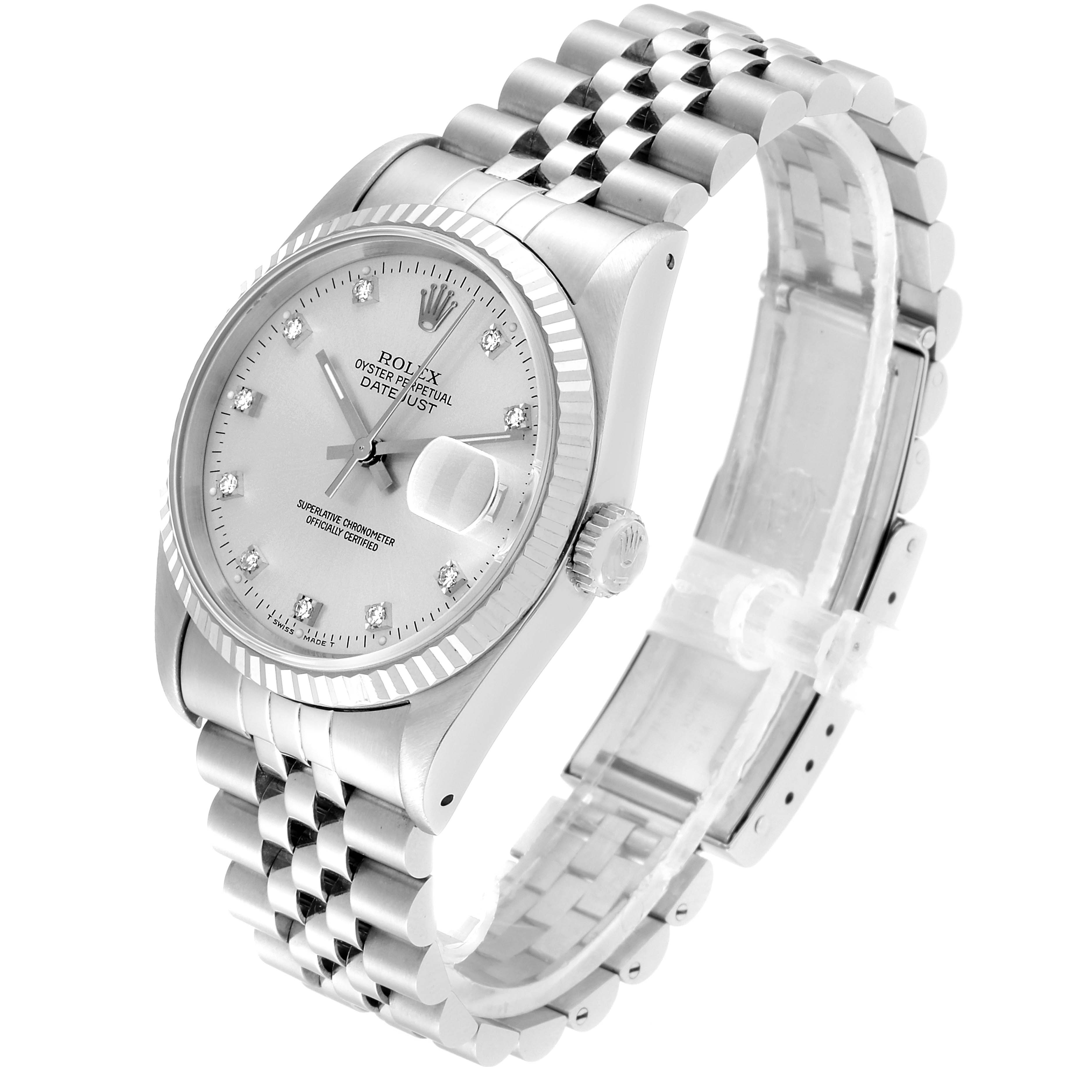 This image shows a Rolex Datejust 16234 Men's Stainless Steel Silver Dial 16234 Men's Stainless Steel Silver Dial watch from an angled side view, highlighting the face, crown, and bracelet.