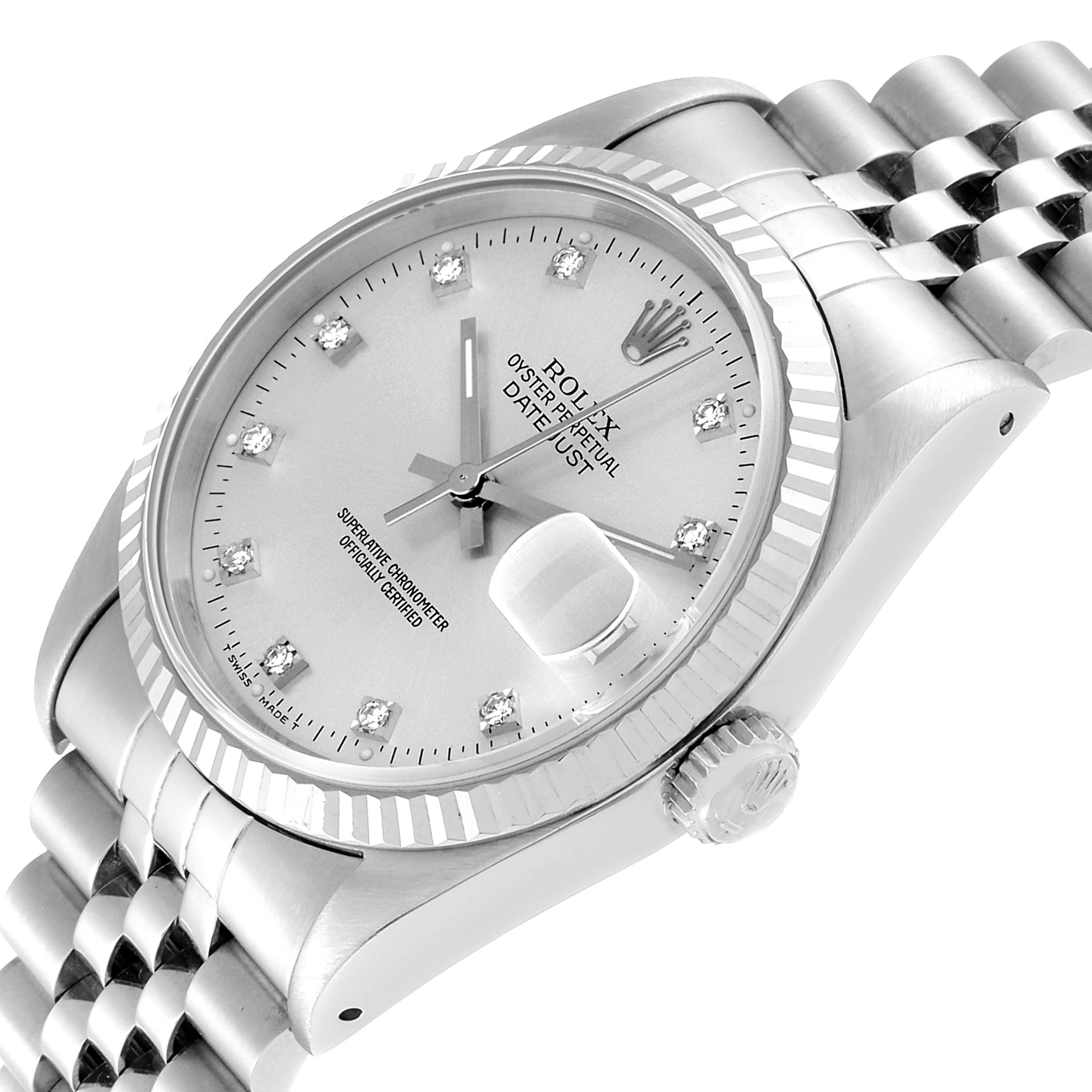 The image shows a close-up angled view of the Rolex Datejust 16234 Men's Stainless Steel Silver Dial 16234 Men's Stainless Steel Silver Dial watch face, crown, bezel, and part of the bracelet.